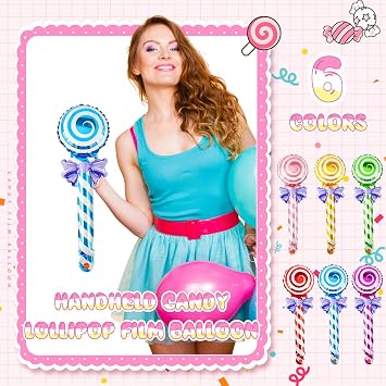 Gejoy 12 Pcs Sweet Candy Balloons Round Lollipop Balloons Handheld Foil Candy Party Decorations for Christmas Birthday Party Baby Shower Wedding Classroom Decorations Holiday Props Theme Gift Supplies