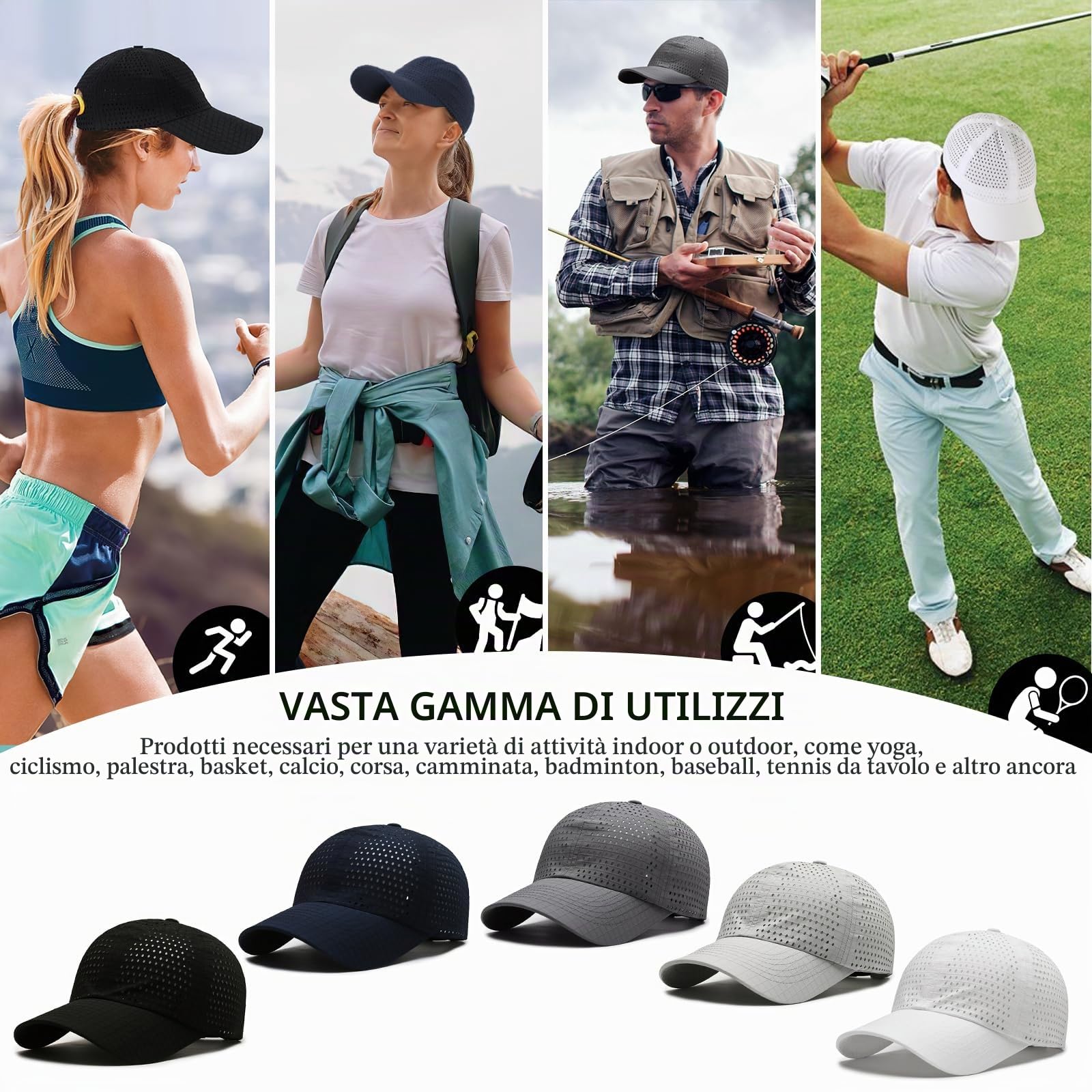 2 Confezioni Cappello da Baseball Uomo Donne，Traspirante Cappellino Visiera Asciugatura Rapida Sport Aperta，Leggero Pieghevol Tennis da Golf Berretto Baseball cappelli da Sole Estivo Regolabile