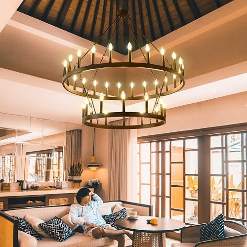 Miniatura 2 de Candelabro de 2 niveles con ruedas grandes de carro, 36 luces de 48 pulgadas, lámpara colgante rústica redonda para comedor, cocina, isla de