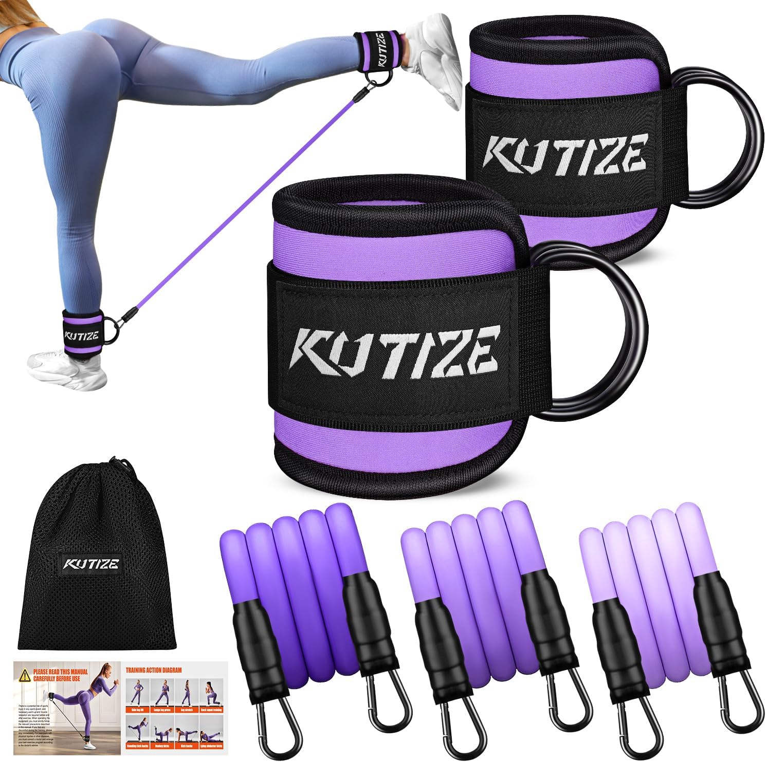 KUTIZE Ankle Resistance Bands with Cuffs for Women & Men - 3-Level Adjustable Leg & Glute Workout Equipment, Portable Home Gym Exercise Bands for Kickbacks, Hip Thrusts, Yoga, Strength Training