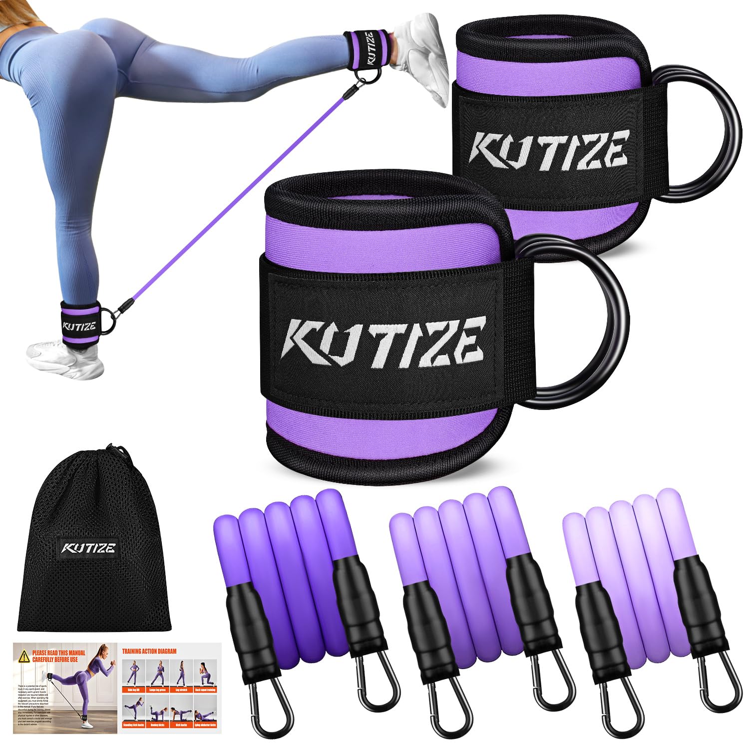Bandas de resistencia al tobillo con puños y guía de entrenamiento, equipo de entrenamiento de piernas/glúteos para mujer para fitness en casa, bandas de ejercicio de empuje de cadera