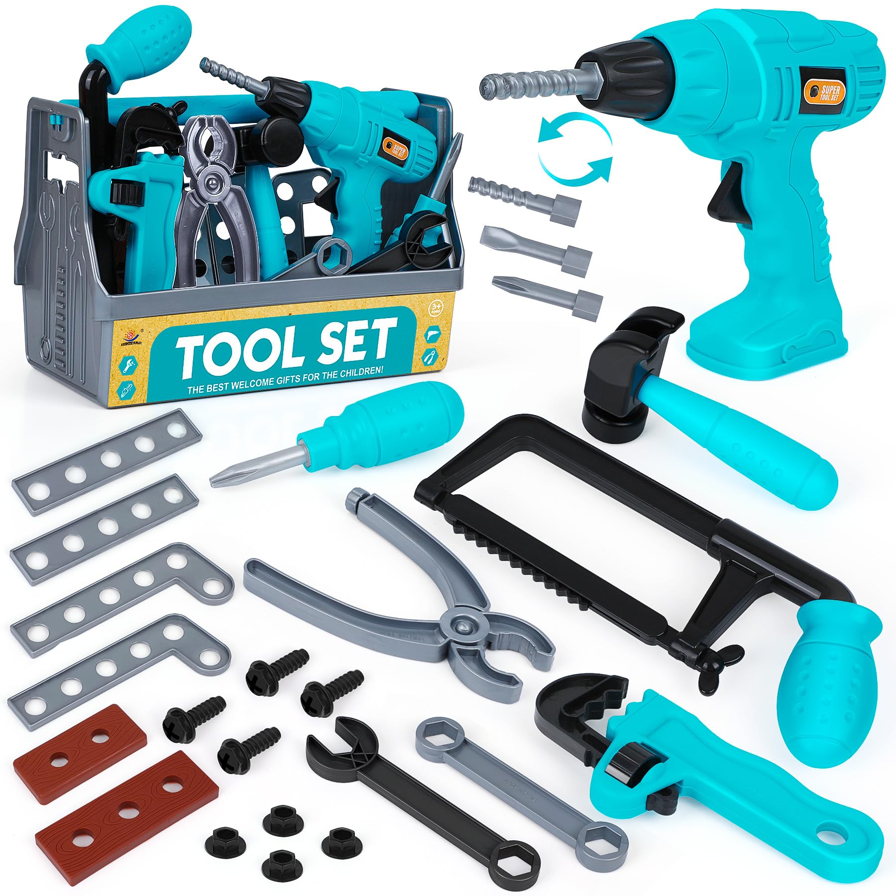 Kids Tool Set - Pretend Play Toy Tool with Tool Box, Toddlers Toy Drill Construction Tool Accessories Gift for Toddlers Boys Aged 3 4 5 6 7