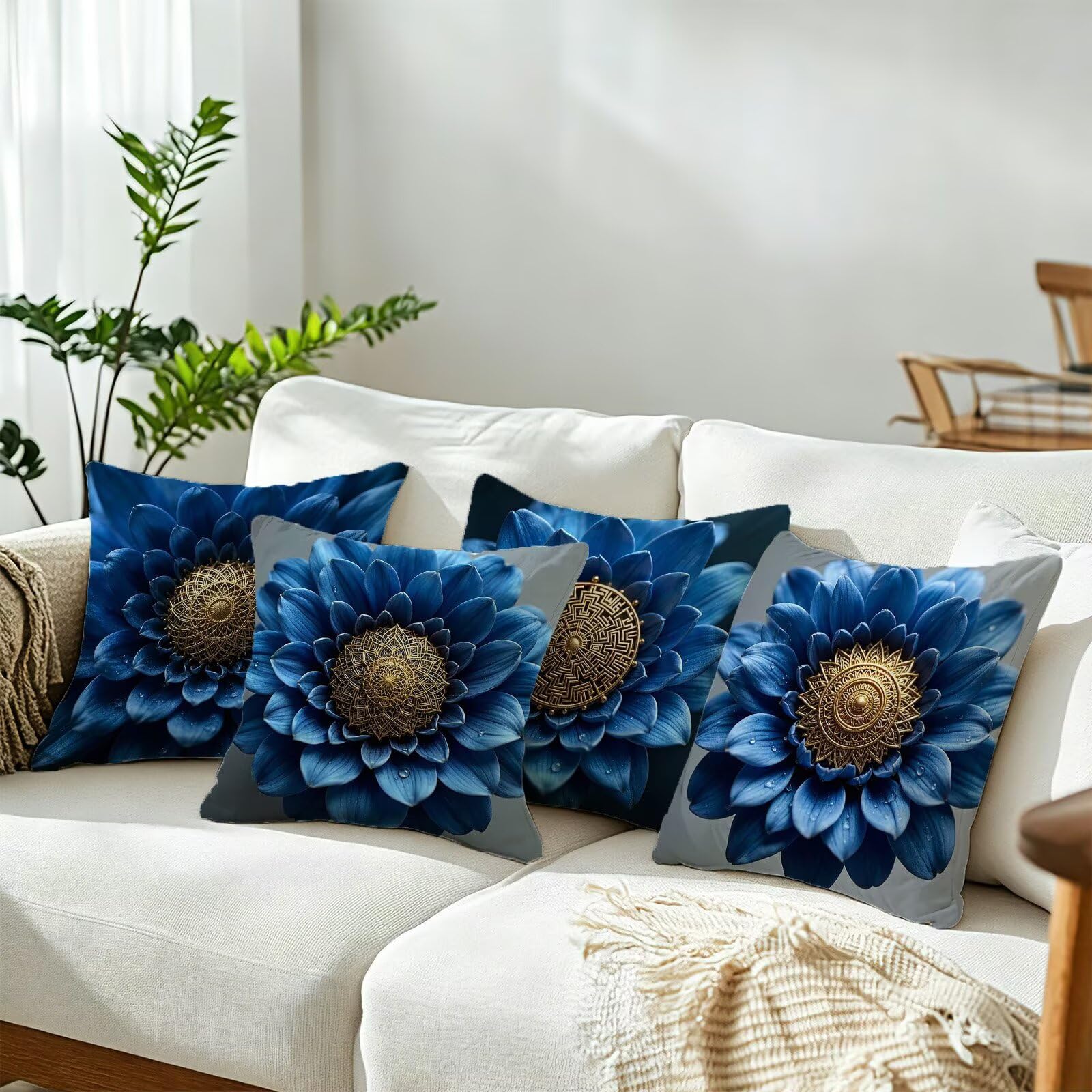 Blu Federe Cuscini Divano 65x65cm, Cuscini da Esterno Set de 4, Cod-89 | Velour Copricuscini Decorativi Letto Arredo, per Letto, Soggiorno, Giardino, Esterno, Casa Decorazione Set di 4 Pianta