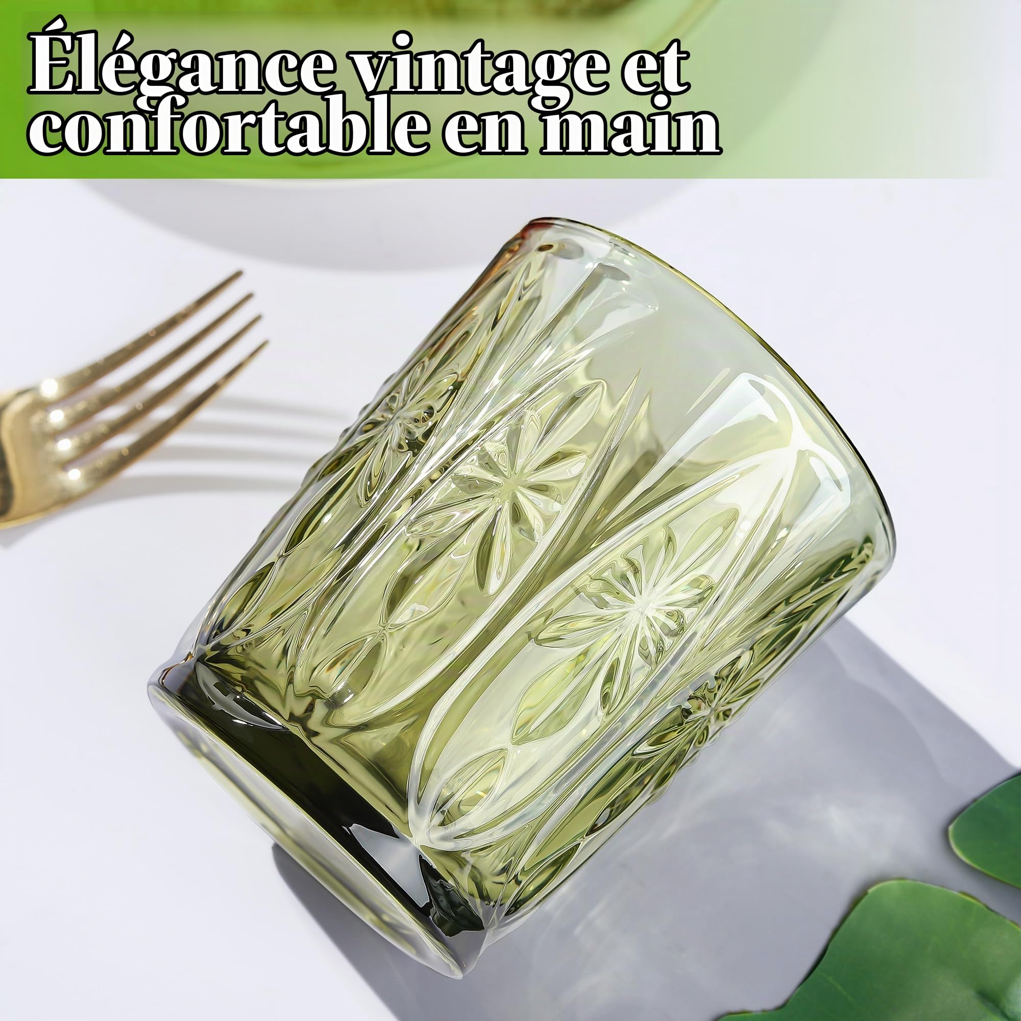 Joeyan Lot de 6 Verres à Eau Vert, 320ml Verres à Jus et Soda, Moderne Verres à Boire Décoré en Géométrique Relief, Verre de Table Pour Eau Gazeuse Orangeade Apéritif et Bière, Lavable Lave-Vaisselle | Verres à Jus et Soda, Moderne Verre de Table Décoré e