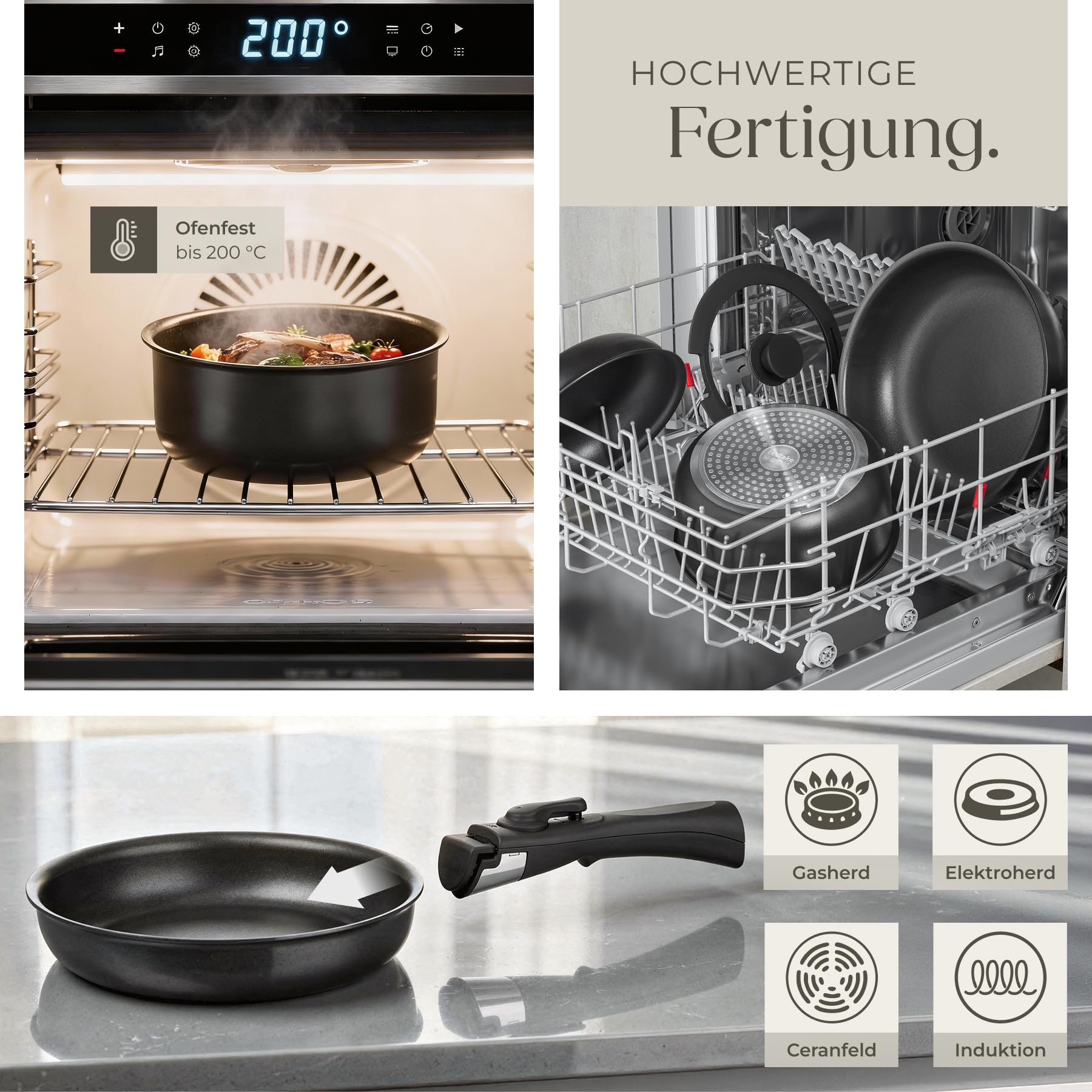 tectake® 41-tlg. Küchenstarterset, Steingut Geschirrset 6 Personen, Teller Set, 2x Kochtopf, 4x Bratpfanne mit Deckel, rostfrei, abnehmbare Griffe, induktionsgeeignet, inkl. Topfschoner - schwarz