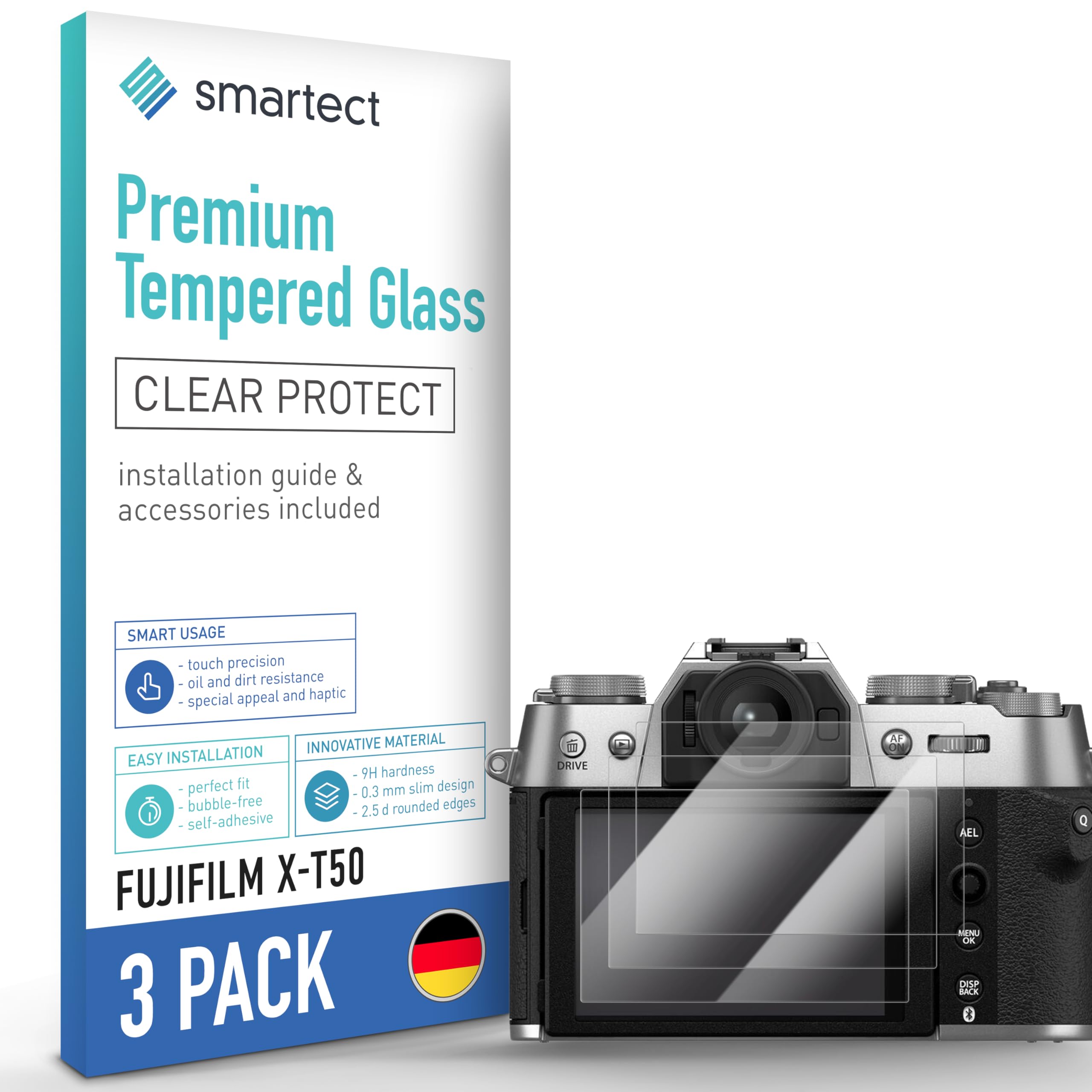 smartect Szkło Hartowane 3 Sztuki dla Fujifilm X-T50 | Szklana Ochrona Ekranu HD Anti-Zarysowania, 0.3 mm Ultra-przezroczyste, Twardość 9H, Odporne na Uderzenia, Bez Pęcherzyków