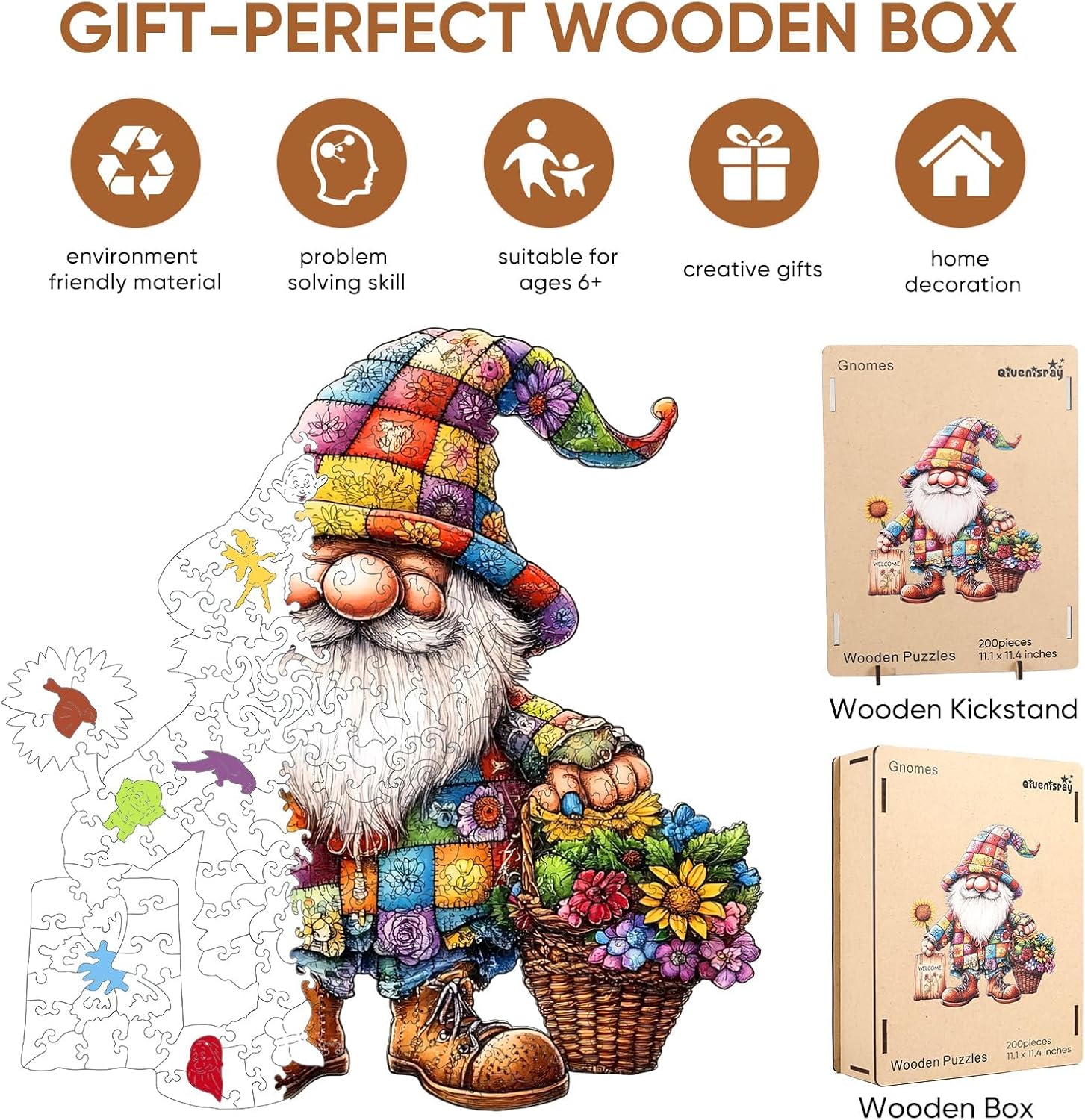 Qiuenisray Wooden Puzzles Spring Gnomes 200 Pieces, Sunflower Flower Jigsaw Puzzles FSC Certified, Beautiful Puzzle, Unique Shape Adult Puzzles Piece, Creative Gift for Family Game 11.1x11.4 in