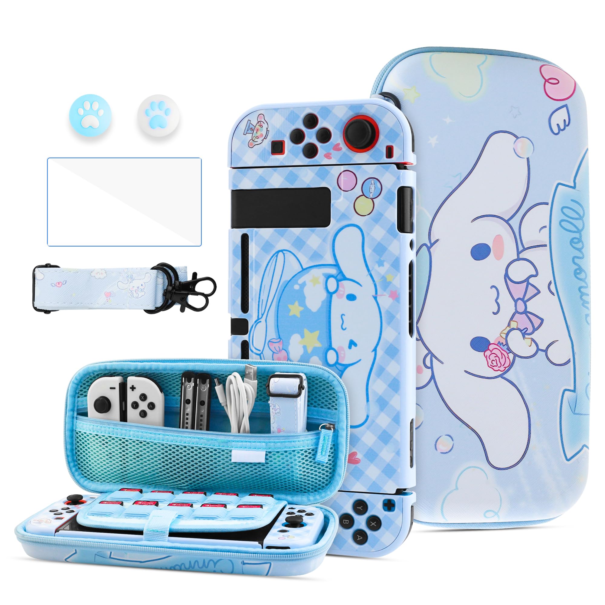 Cute Switch Carrying Case Set, Blue Dog Travel Accessories Storage for Nintendo Switch Console, with PC Protective Cover, HD Screen Protector, Shoulder Strap & 2 Kawaii Thumb Caps