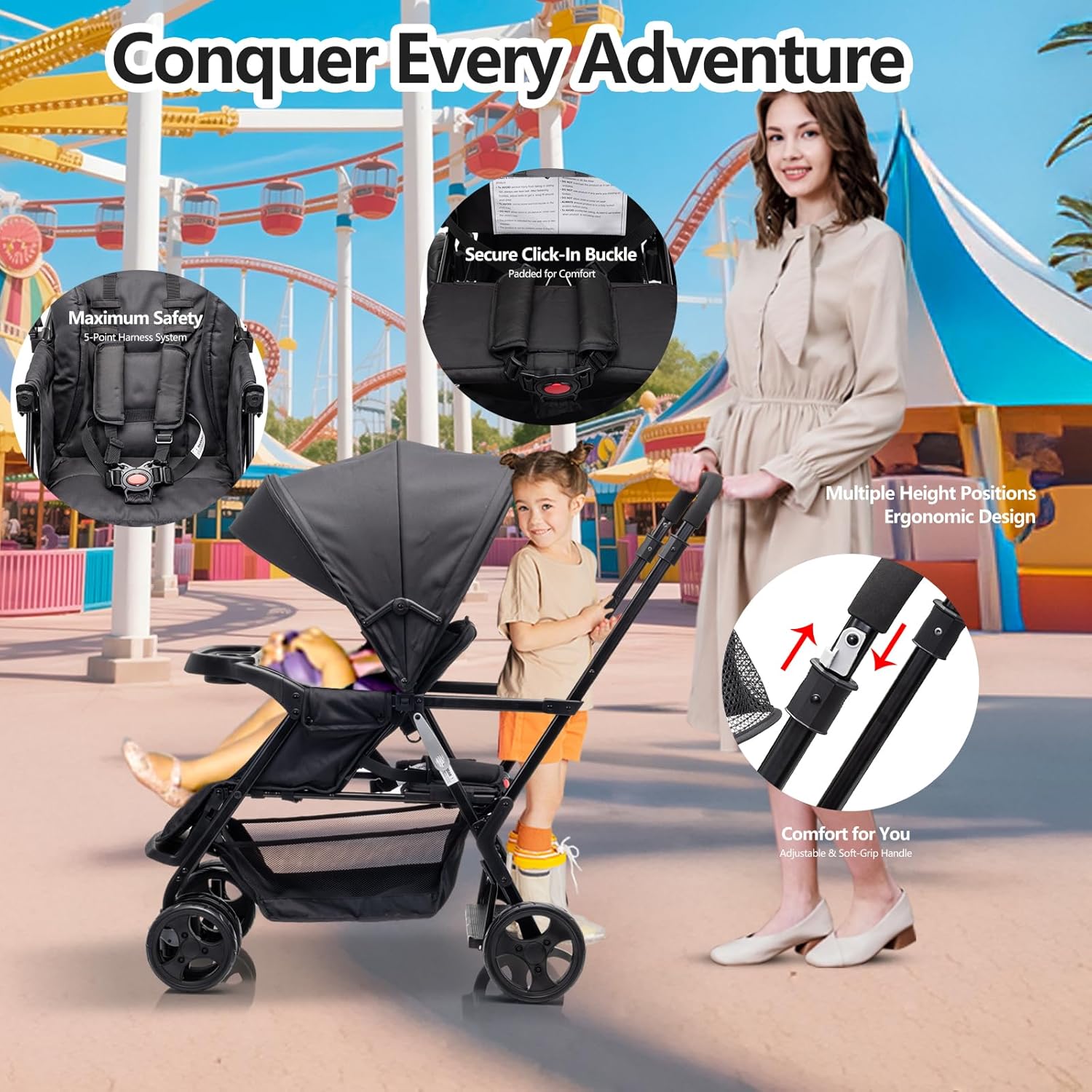 Double Stroller,Sit-Stand Lightweight Travel Folding Stroller for Toddler with Standing Platform,5-Point Harness,Canopy,Kids Tray,Storage