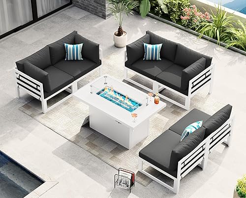 Miniatura 944 de NICESOUL 7 Piece White Powder-Coated Aluminum Patio Furniture with Fire Pit Table, 29 Inch Extra Wide Outdoor Sectional Sofa for 6, High-End Heavy