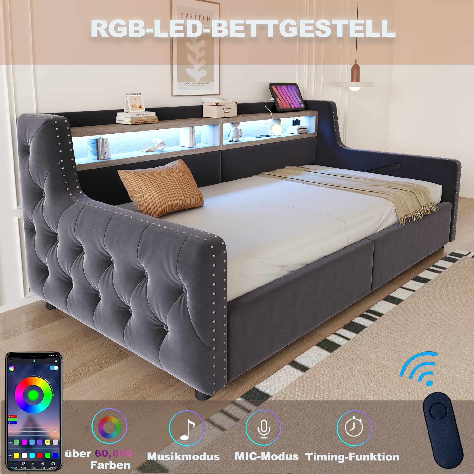 Schlafsofa Kinderbett 90x200 mit LED Streifen und USB Anschluss | Polsterbett Einzelbett mit Hydraulisch Stauraum, Stauraumbett Bett Bettgestell mit Lattenrost, Ohne Matratze, Samt,Dunkelgrau