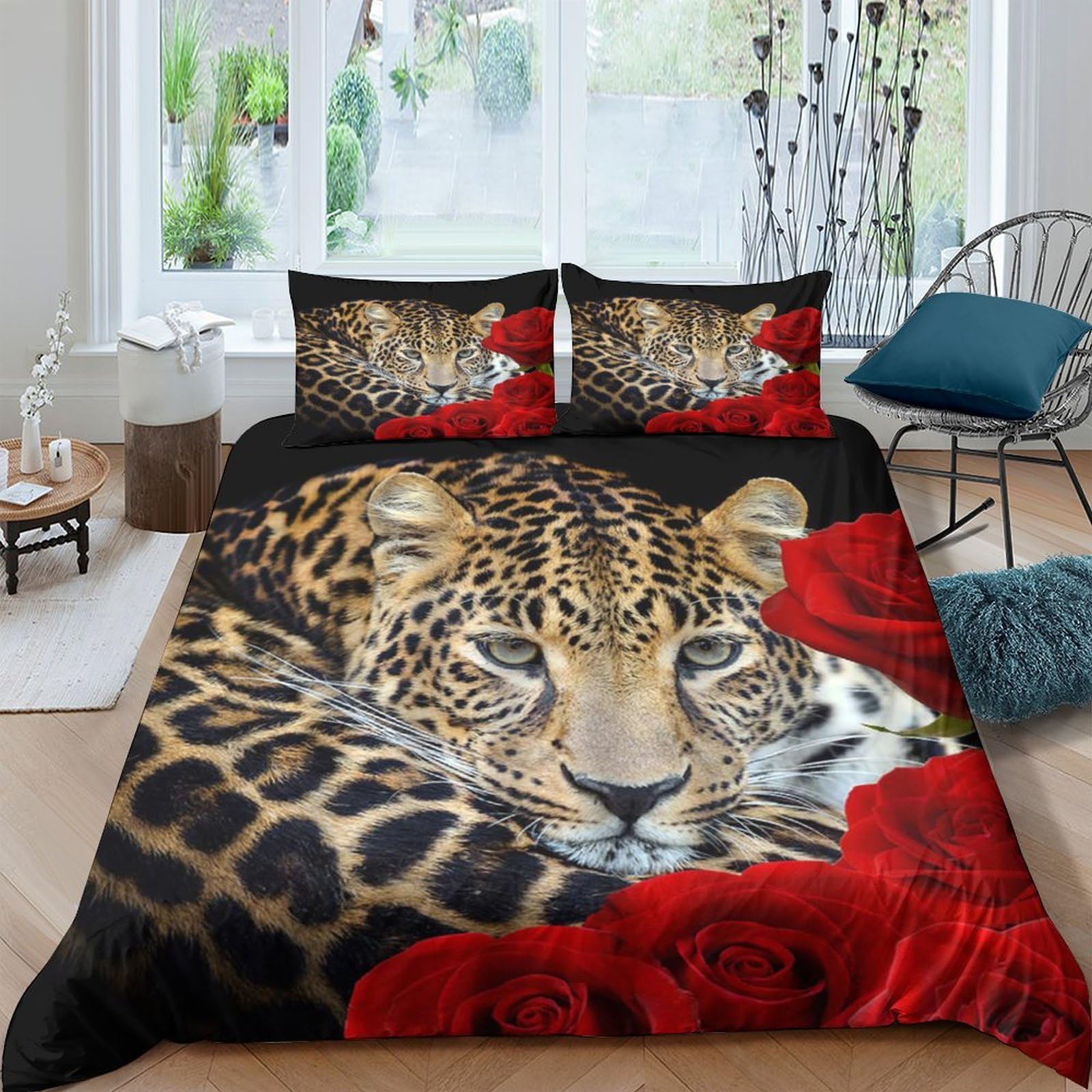 GPLZQXKJNH 3D Printed Leopard Rose Duvet Cover Microfiber Soft Breathable Bedding Set with 2 Pillowcases for Bedroom Decor Single（135x200cm）