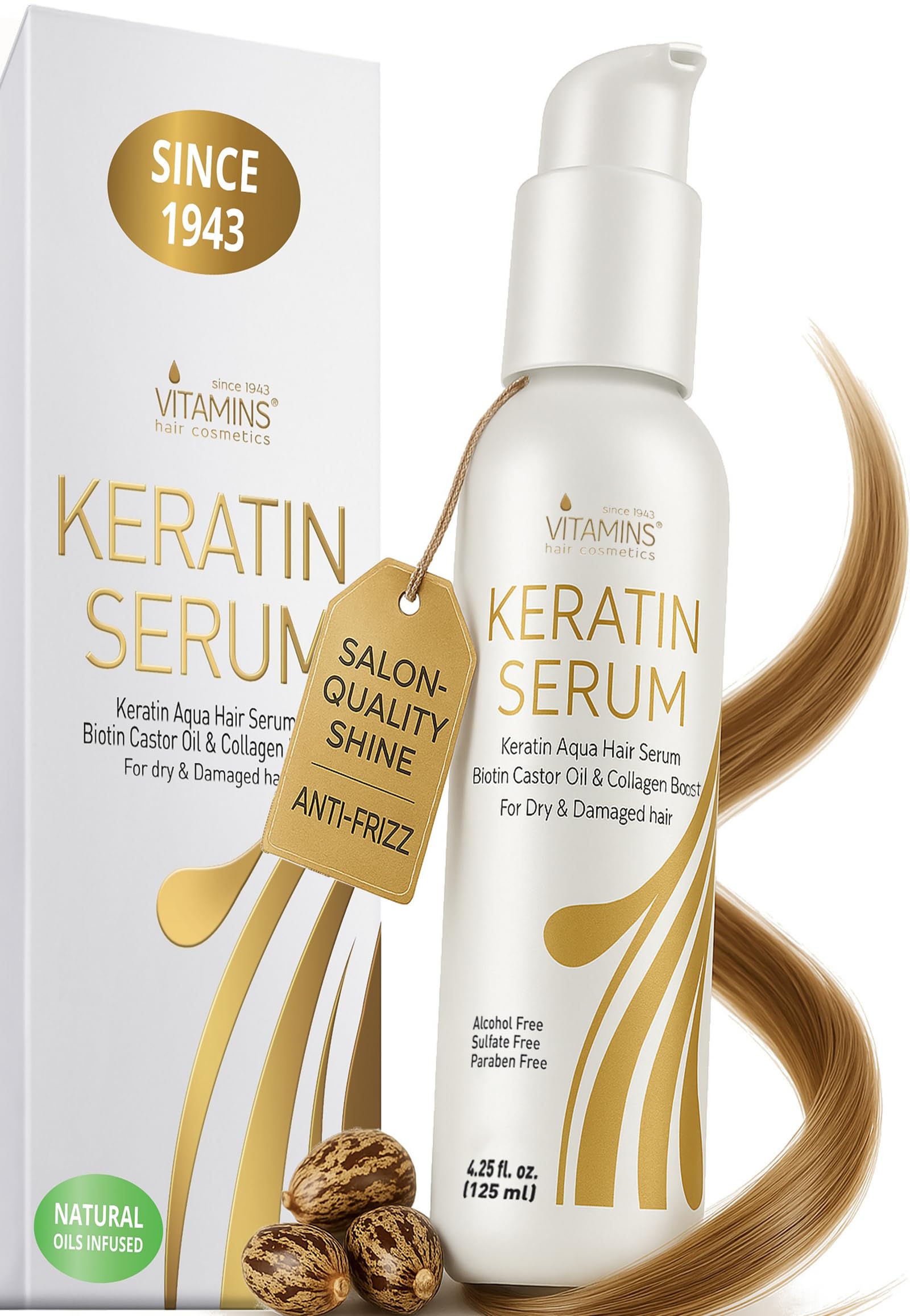 VITAMINS hair cosmetics Hair Serum for Frizzy Mane - Keratin Hair Treatment, Anti Frizz Moisturiser for Dry Damaged Locks - Heat Protection and Strengthening with Biotin & Collagen