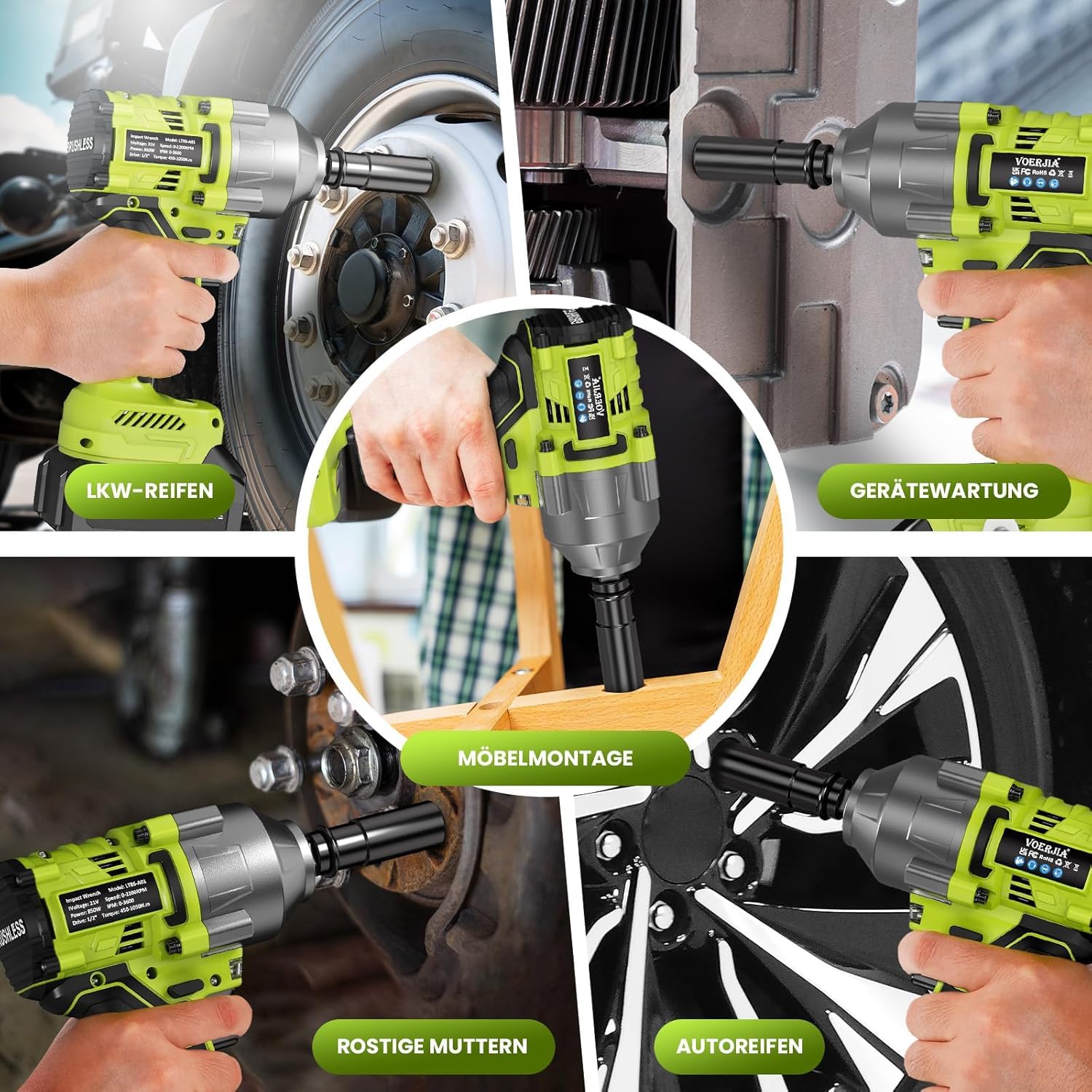 VOERJIA Akku Schlagschrauber 1000Nm - 21V Bürstenloser Drehschlagschrauber (1050Nm Lösemoment) mit 2x 4.0Ah Akku, 1/2 Zoll Impact Wrench Set für LKW, PKW, Traktor & Reifenwechsel, inkl. 5 Stecknüssen