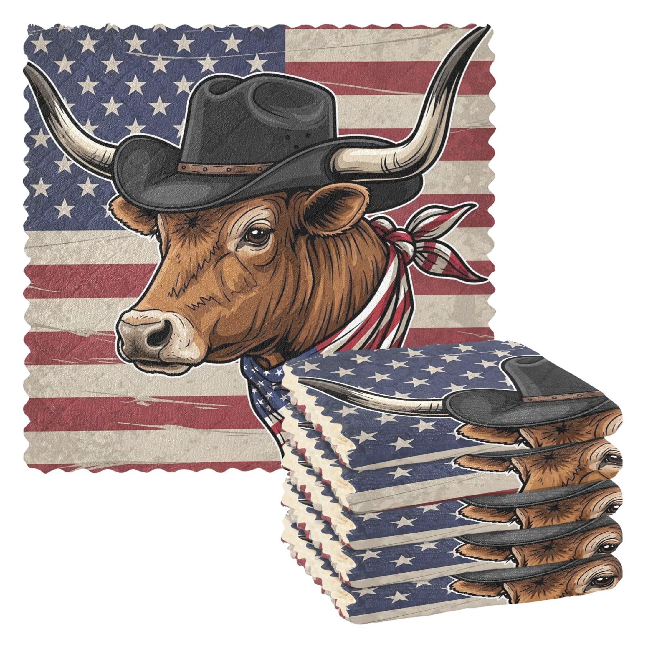 Fuauuyl American Flag Cow Kitchen Dish Towel Set of 6, Soft Absorbent Washable Cleaning Cloths Dish Rags Tea Bar Drying Towels, 11x11 In