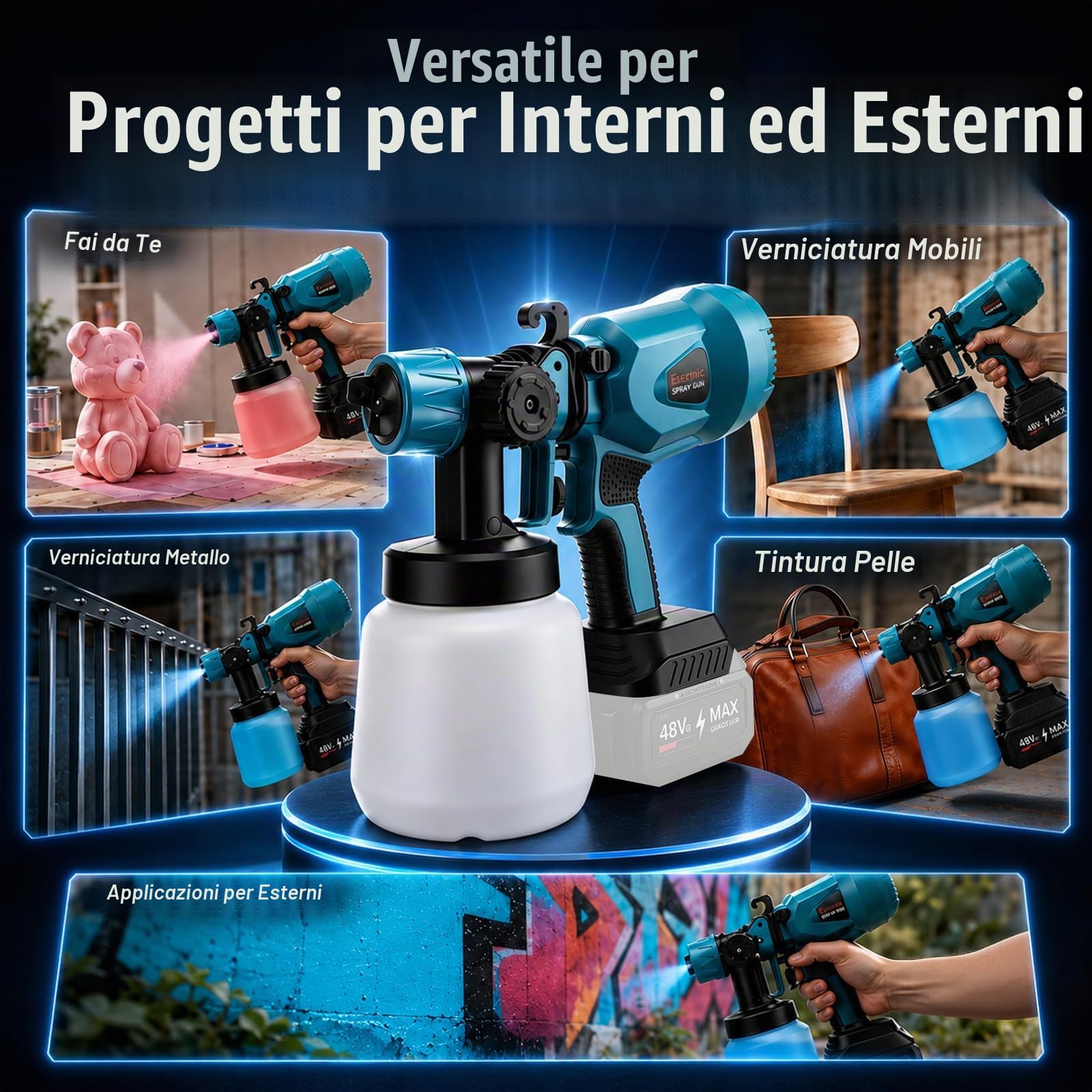 Pistola a Spruzzo per Verniciare, serbatoio 1200 ml, pistola a spruzzo elettrica HVLP con 5 ugelli e 3 modalità di spruzzo, flusso regolabile 0–600 ml/min per recinzioni, armadi, porte, auto e pareti