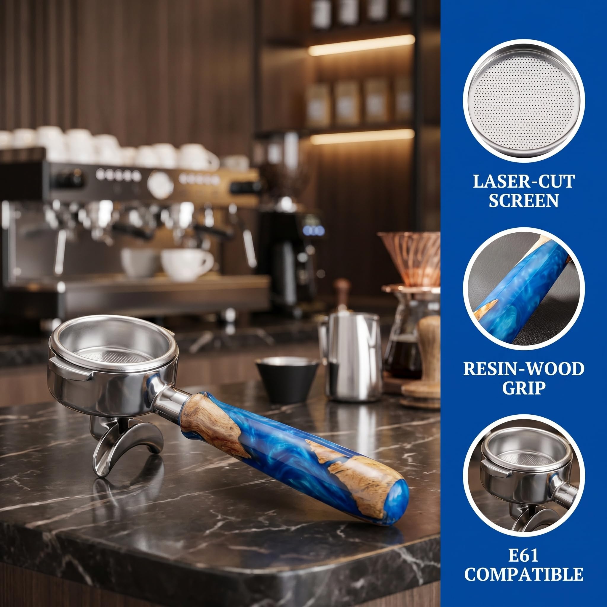 Portafiltro sin fondo E61, portafiltro de café de acero inoxidable de 18 g con mango de madera de resina, accesorio profesional para máquina de café espresso para baristas domésticos y cafeterías