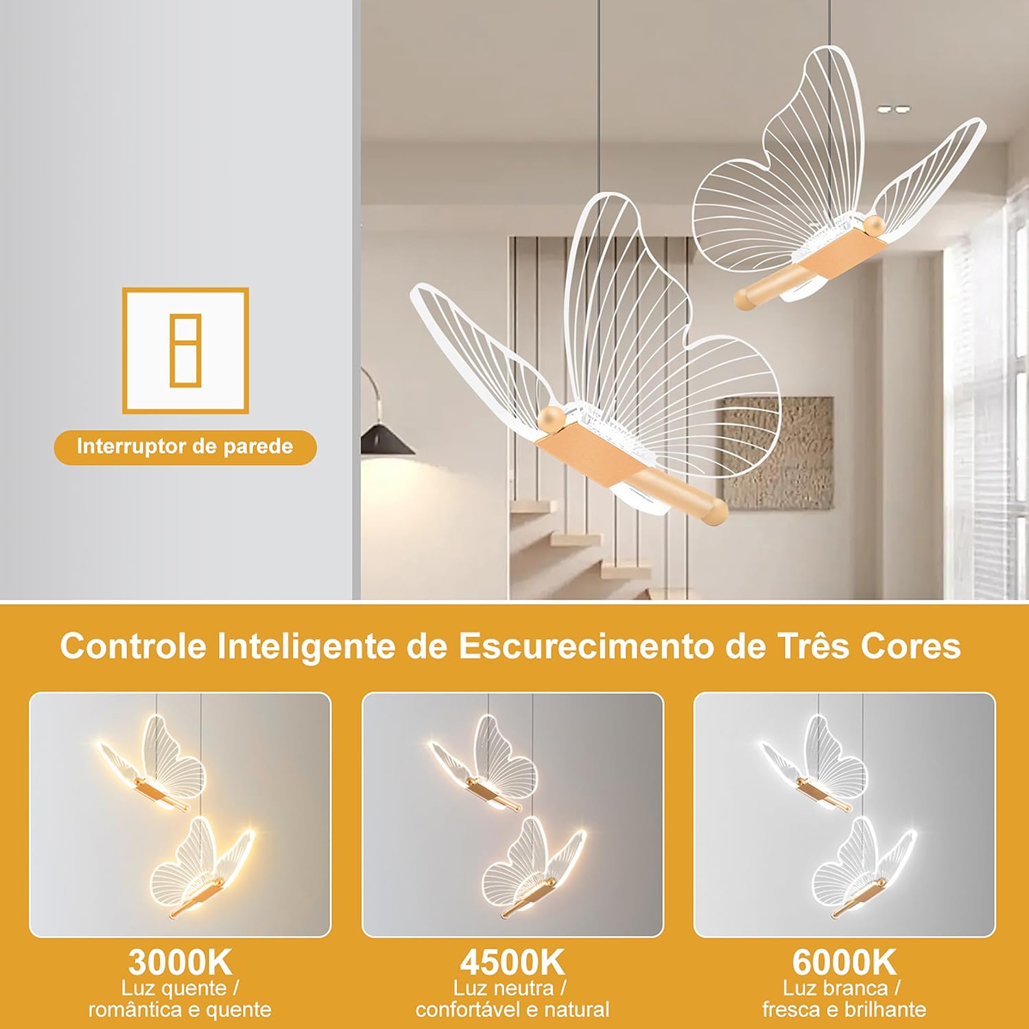 Lustre Pendente LED Two Butterflies, Luminária Pendente Ouro Com Temperatura Tricolor, 3000K-6000K Lustre Pendente LED Two Butterflies, Luminária Pendente Ouro Com Temperatura Tricolor, 3000K-6000K
