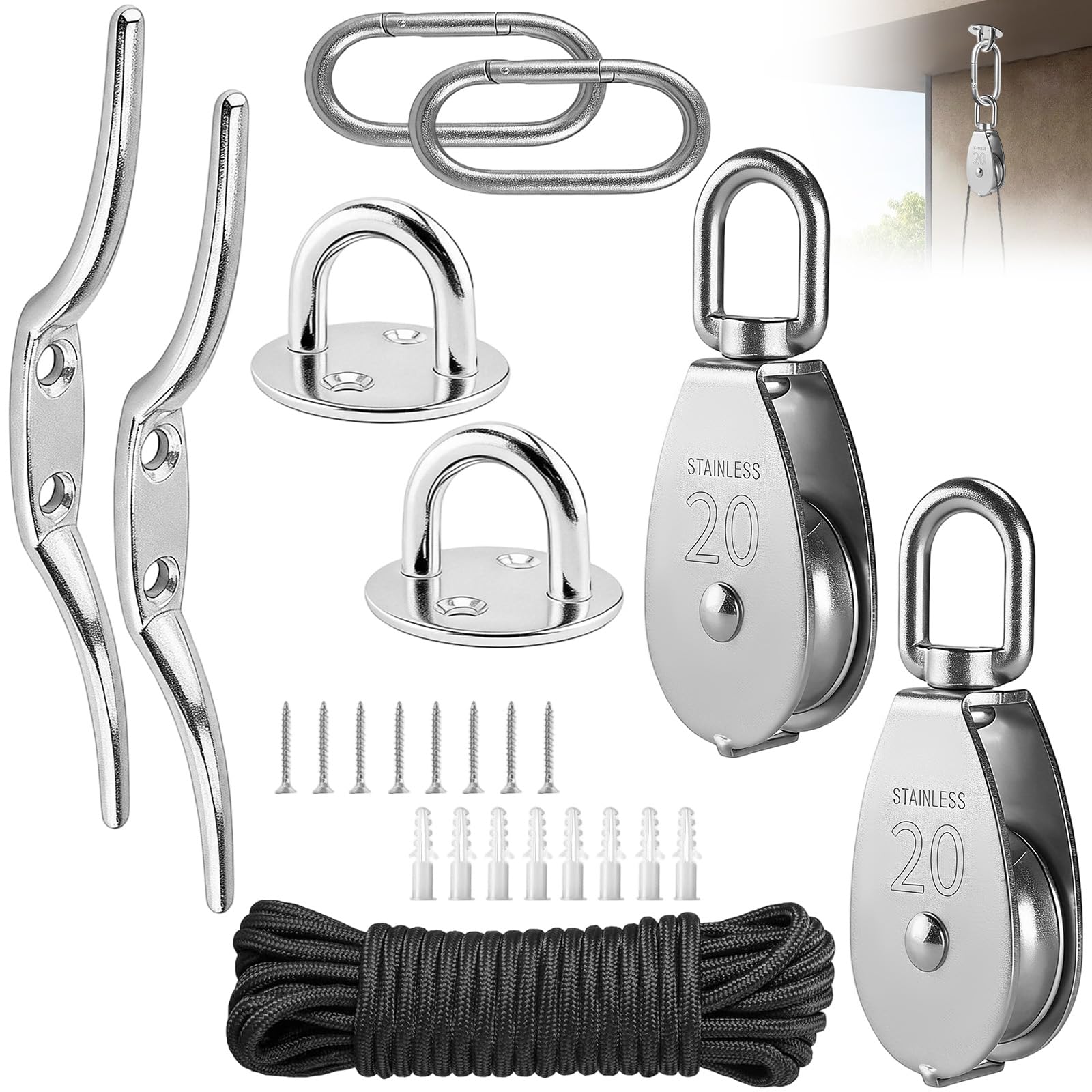 Set di Carrucola per Sollevamento Acciaio Inox M20 con Puleggia a Rotazione 360°, Fune 20 Metri, Gancio e Fissaggi per Barche, Tende Sole, Porte Garage, Stendibiancheria