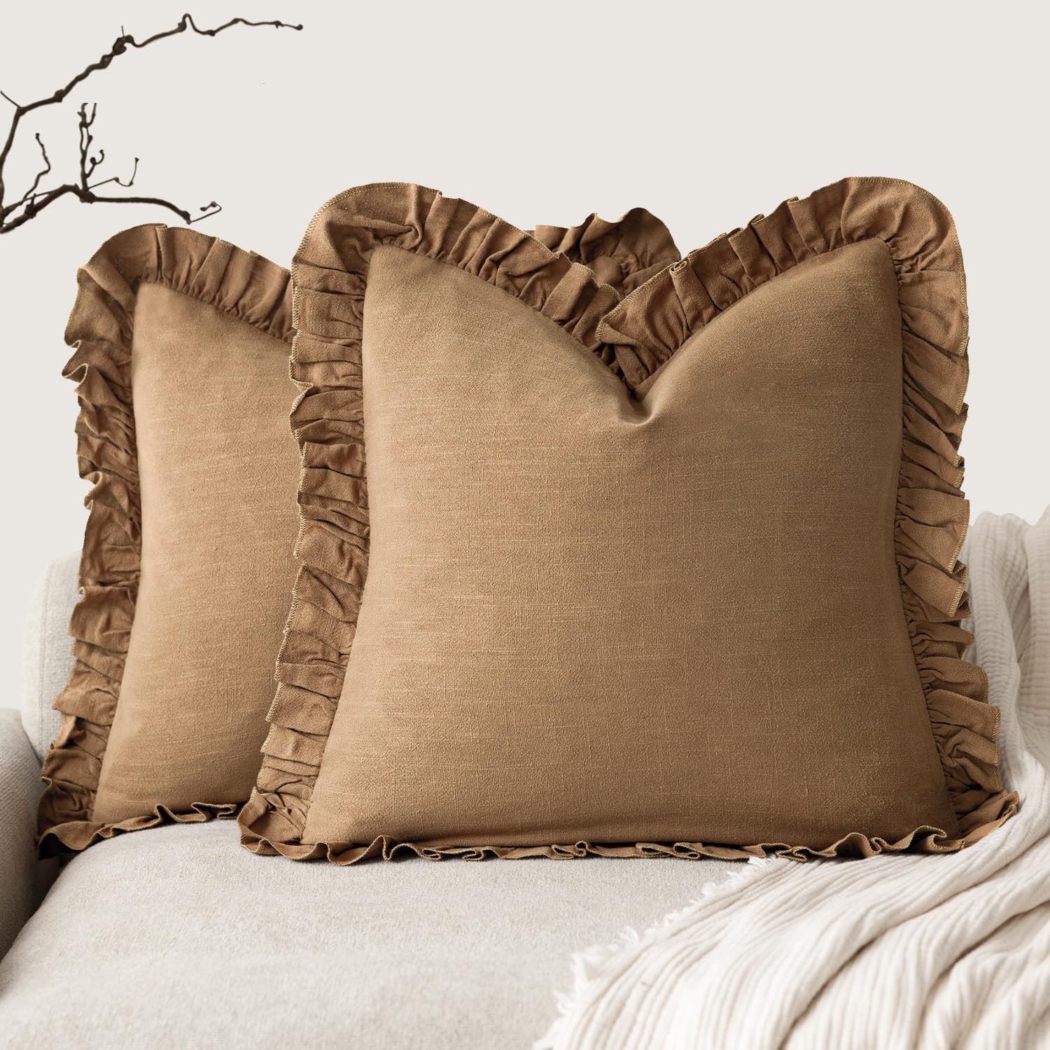 Foindtower Set of 2 Decorative Soild Fringe Ruffle Throw Pillow Covers Soft Boho Farmhouse Cushion Cover Cozy Accent Retro Pillowcase for Couch Sofa Bed Living Room Home Decor,22×22 Inch,Orange Brown — image 1
