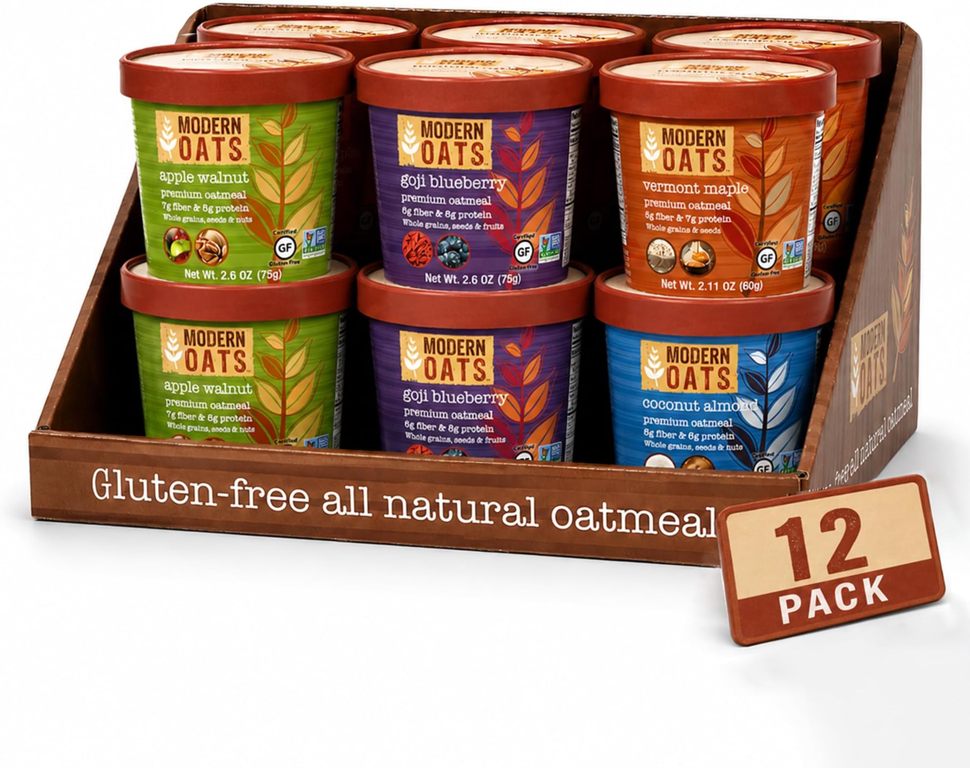 Modern Oats Variety Pack Instant Oatmeal Cups, 31.2 Oz, 12-Pack | With lids, Gluten-Free, Vegan, Non-GMO, Protein & Fiber, Goji Blueberry, Apple Walnut, Vermont Maple & Coconut Almond