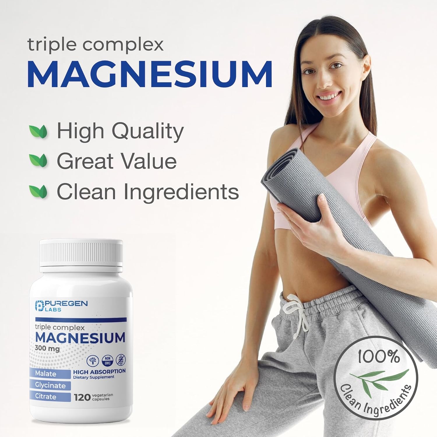 Puregen Labs Triple Magnesium Complex 300mg of Magnesium Glycinate, Malate, & Citrate [High Absorption] Total 240 Veg Capsules | No Harmful Additives | Non-GMO, NO Gluten and Dairy