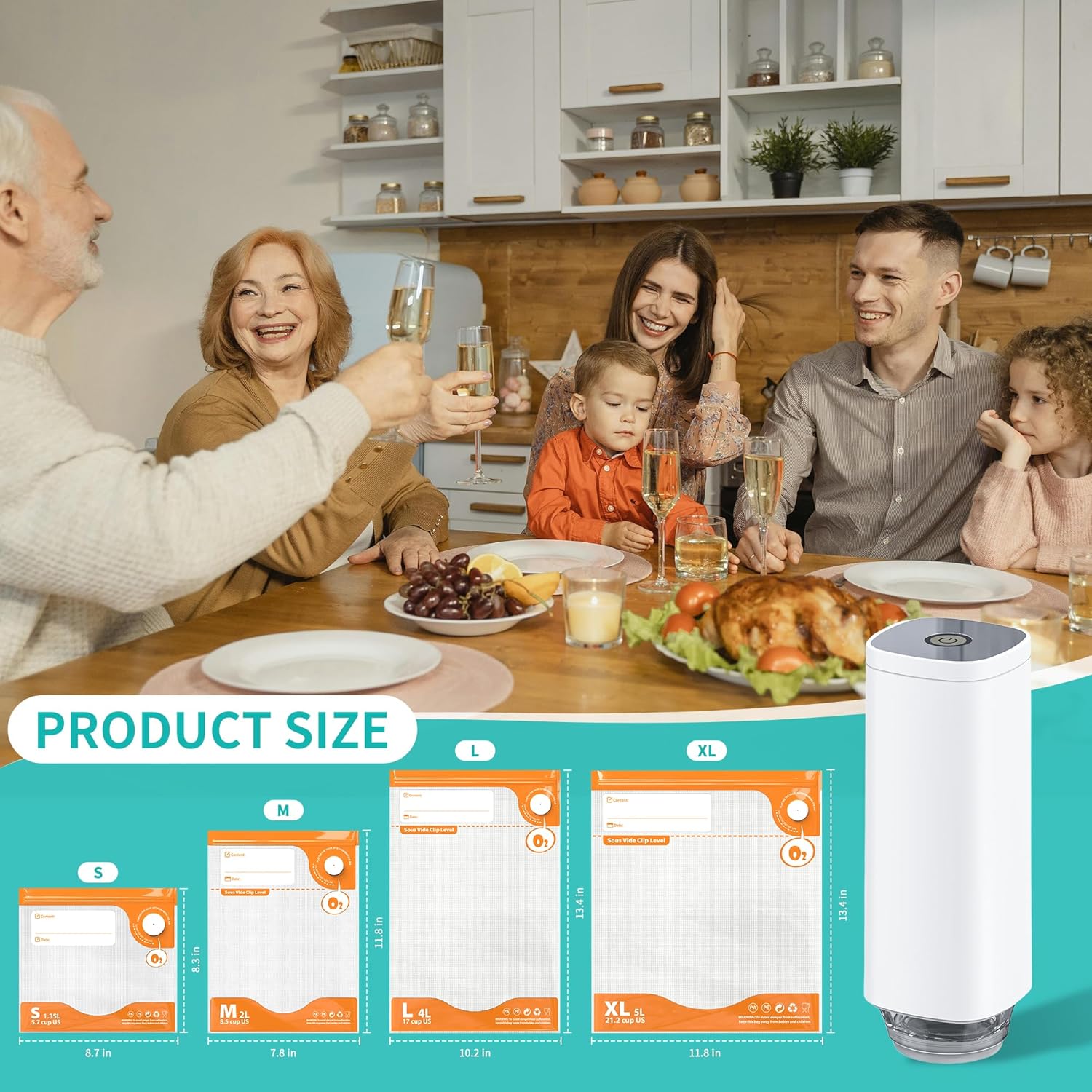 27pcs Vacuum Sealer Kit, Reusable Sous Vide Bags(1pc Electric Pump + 20 Bags + 6 Clips), Airtight Food Storage for Freshness, PA+PE Material, Ideal for Cooking, Meal Prep & Long-Term Freshness