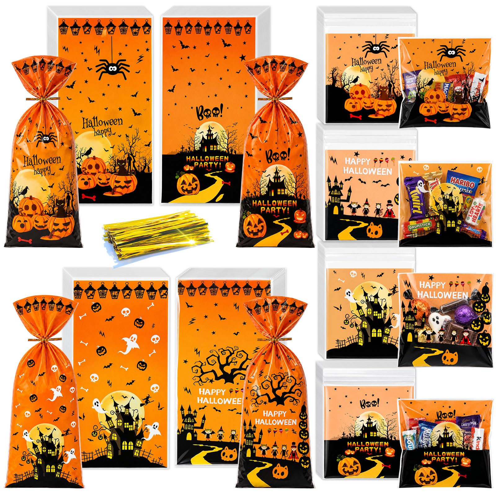 150 Pcs Halloween Treat Bags, Orange Goodie Candy Bag for Trick or Treat
