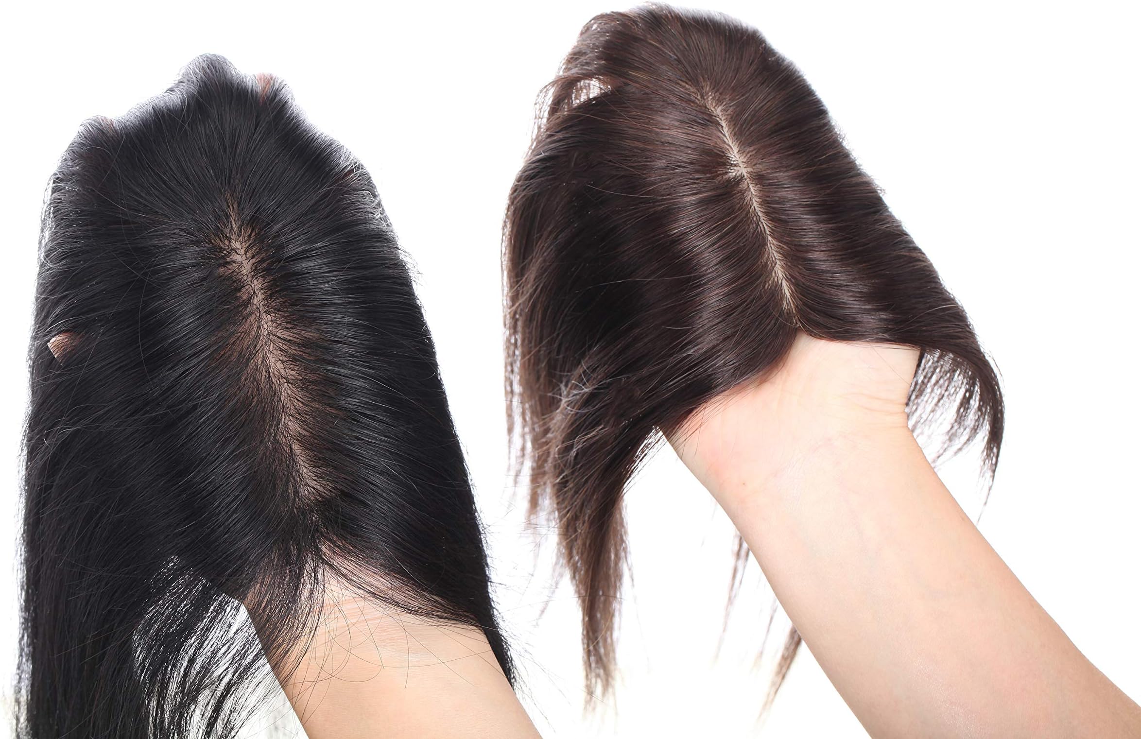 Silk Base Crown Topper Human Hair Clip in Top Hairpieces for Women 613cm Mono Net Lace PU Round Toupee 120% Density Indian Straight Hair Wiglet(12", Off Black 1B)