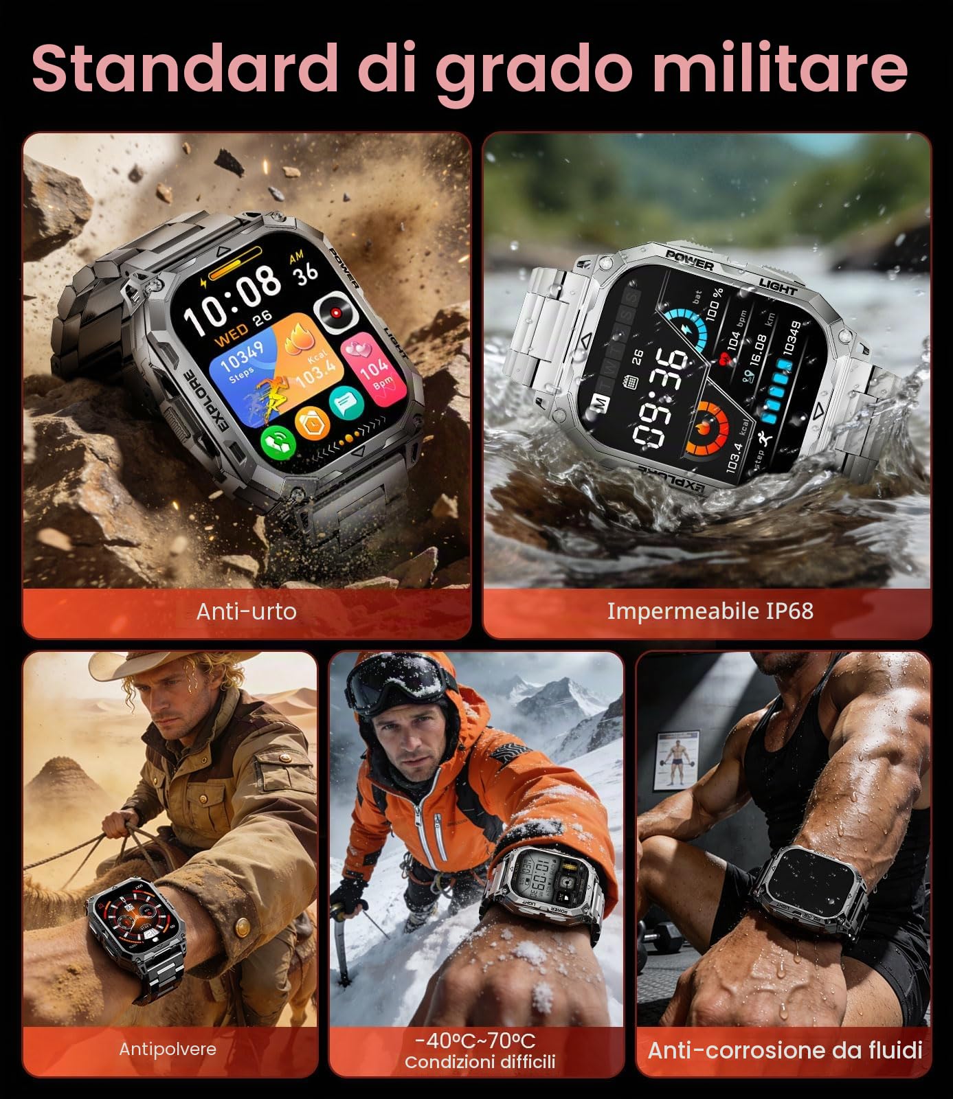 Smartwatch Uomo con Chiamate Bluetooth, 2,01" HD Display, LED Torcia, 900 mAh, Frequenza Cardiaca/Sonno, Fitness Tracker, 100+ Modalità Sportive, IP68, Compatibile con Android e iOS, Nero-Arancione