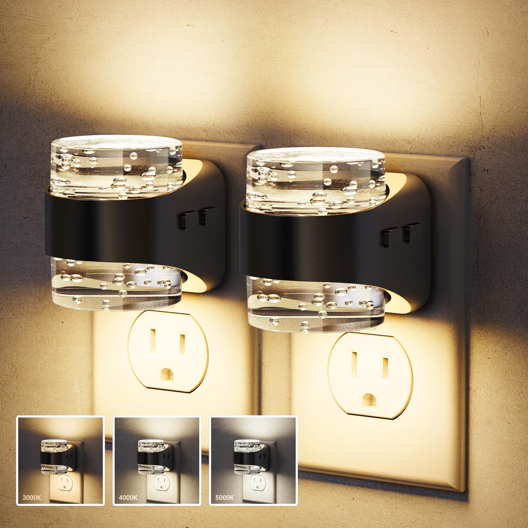 JandCase LED Night Light, Bubble Night Lights Plug into Wall Auto, 3 Color | Nightlight 3000K/4000K/5000K &amp; 3 Brightness Levels, 2 Pack Dimmable, Dusk to Dawn Sensor for Bathroom Hallway Bedroom