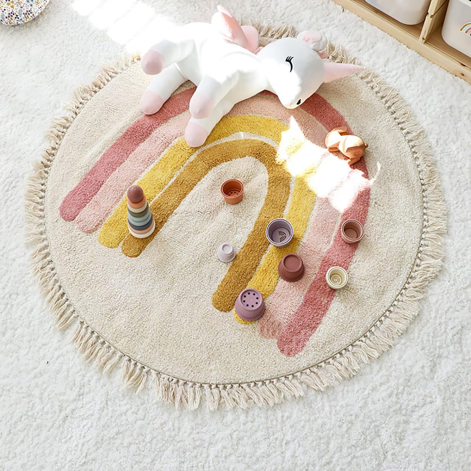 Tospass Kinderzimmer Teppich Regenbogen Weicher Rund Quasten Waschbarer Kinder Teppich Schlafzimmer Junge Mädchen Kurzflor rutschfest Teppich, 100 cm Rund