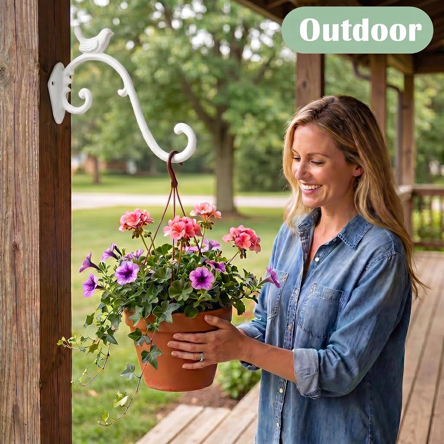 Z metnal Cast Iron Plant Hanger - Bird Rustic Wall Mounted Hanging Basket Holder for Outdoor Garden, Patio, Porch Decor - Heavy Duty Metal Hook Bracket, White