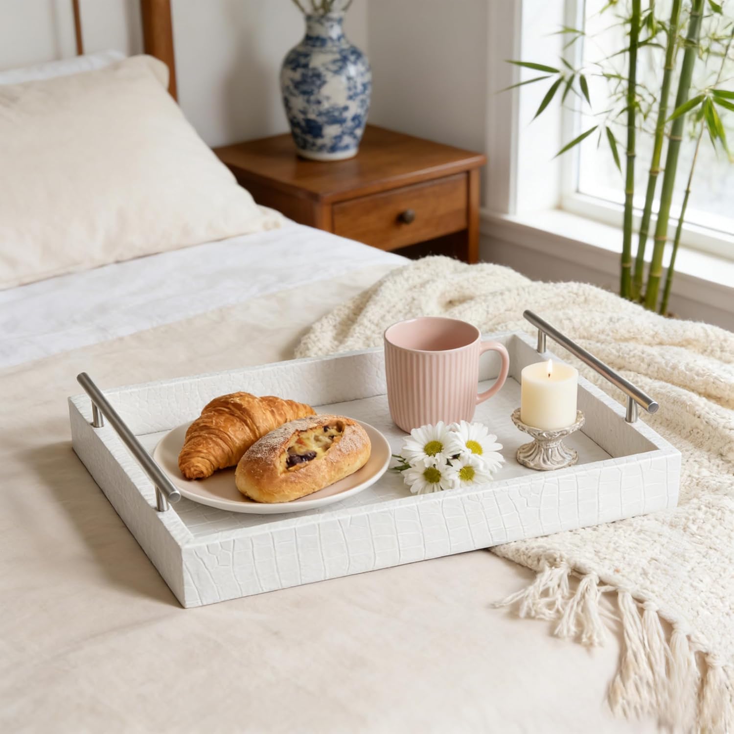 Luxury Faux Leather Serving Tray with Silver Handles, 16x12 Inches Large Rectangular Decorative Tray for Coffee Table, Ottoman, Bathroom & Home Decor, Ideal for Hotel & Entertaining, White