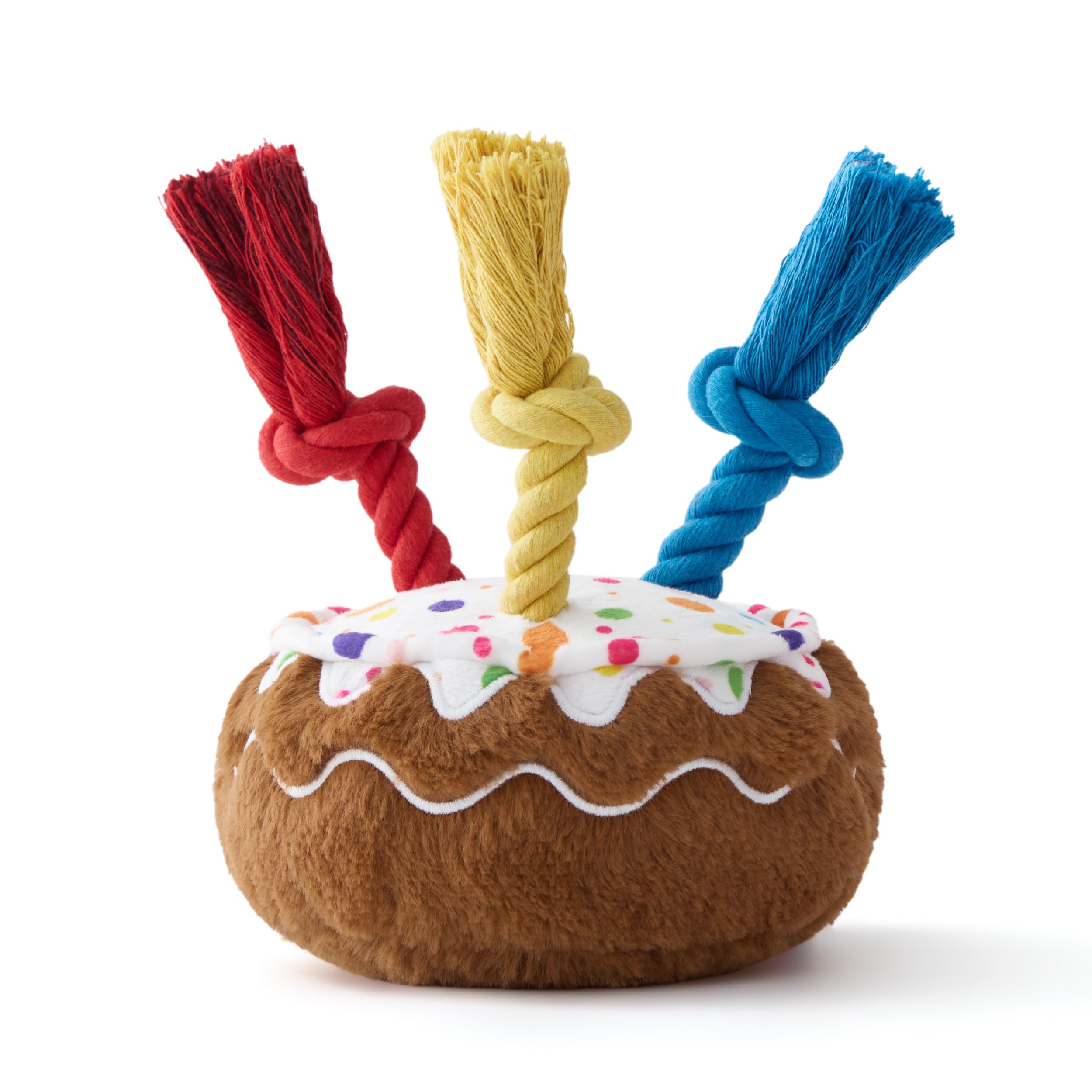 LE SURE Dog Birthday Cake Toy - Cute Squeaky Dog Birthday Toy for Gentle Chewers with Interactive Tug Rope, Plush Interactive Toy for Adult Dogs Birthdays Party, Standard, Milk Chocolate