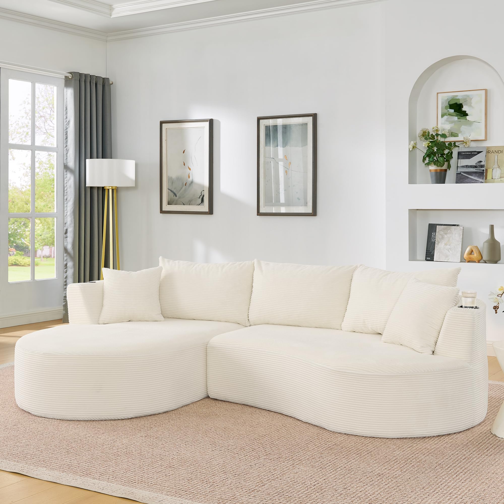 Sofá de 3 Plazas con Pana Suave, Chaise Longue Izquierda, Beige, 2 Piezas