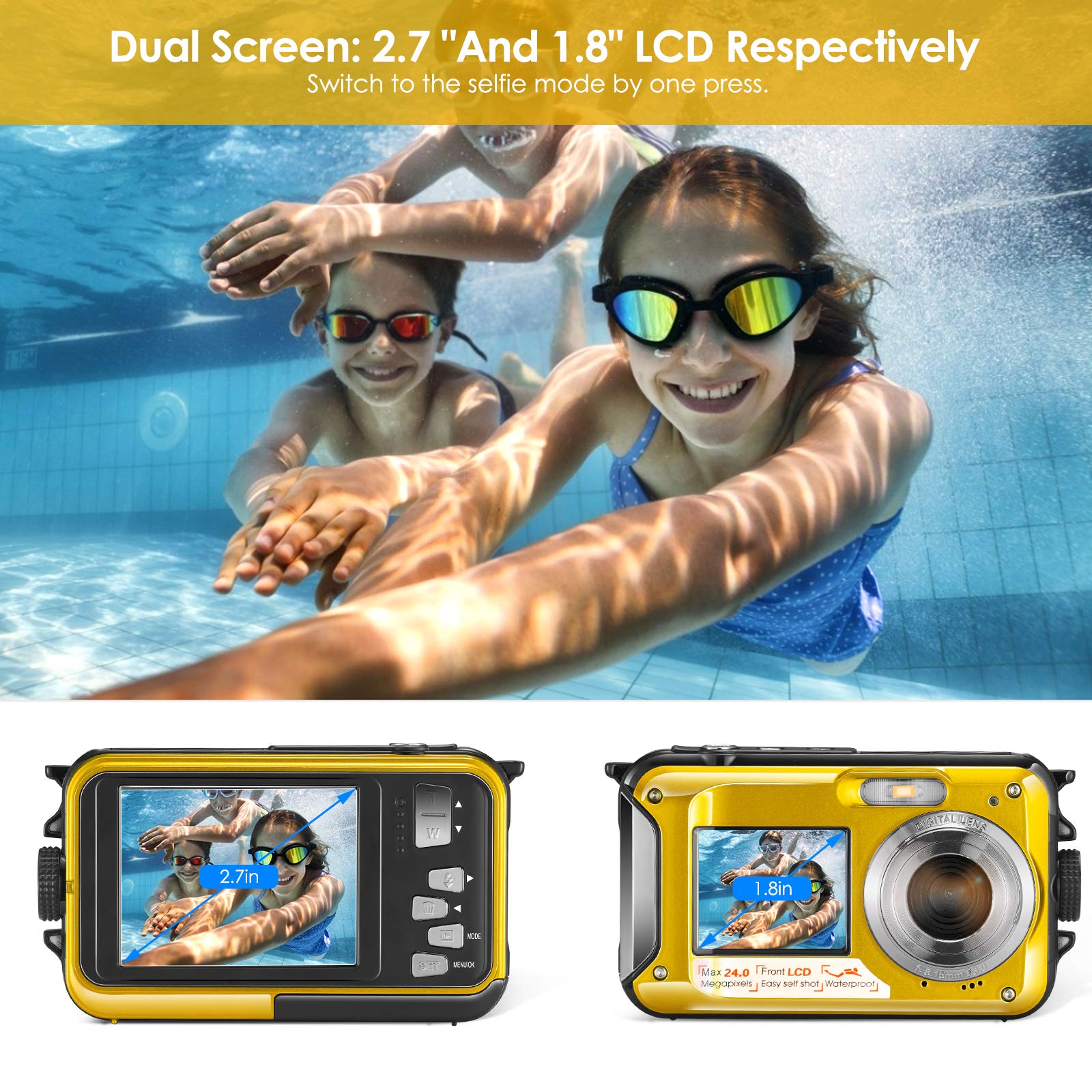 Aomdom Macchina Fotografica Subacquea, Full HD 2.7K 24MP Fotocamera Subacquea Digitale Zoom Digitale 16X Macchina Fotografica Subacquea Bambini Doppio Schermo giallo
