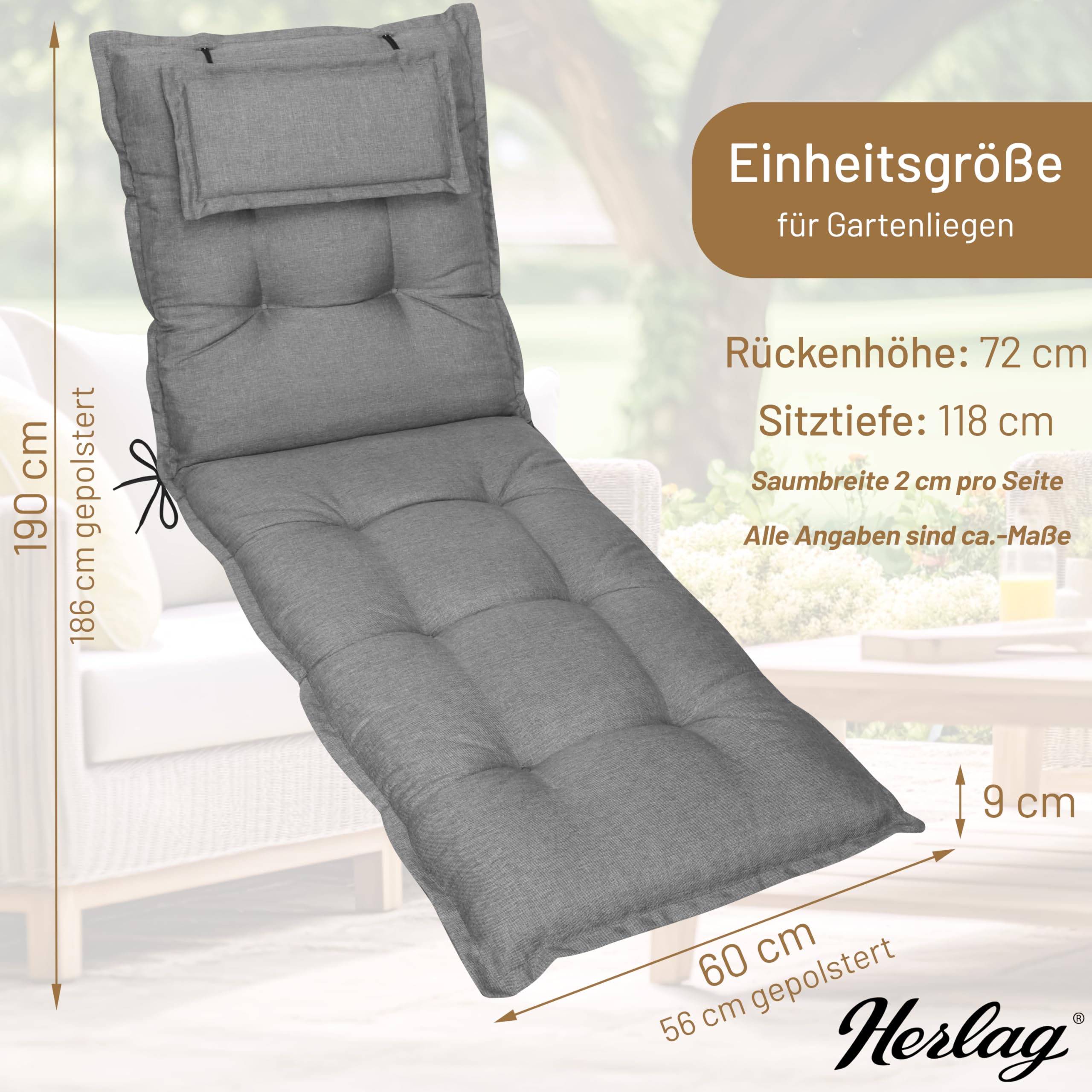 Herlag Liegenauflage AVA Sun-Guard 190x60x9cm | UV-Schutz gegen Ausbleichen | Extra Dickes Liegekissen 9 cm mit Kopfpolster | Liegepolster mit Deluxe-Komfort | Öko Tex 100 | Silber