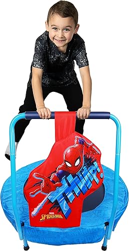 Marvel Spider-Man Trampolín para niños, mini trampolín para interiores con barra de mango de espuma, alfombrilla de salto redonda, azul