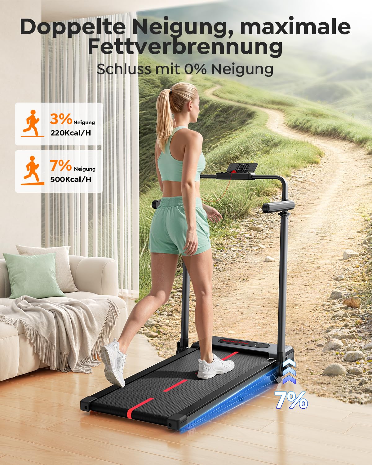 Laufband für Zuhause Klappbar mit 7% Steigung, All-in-1 Walking Pad bis 12 km/h mit 3,0 PS Leisem Motor, Höhenverstellung bis 150mm & Abnehmbarem Schreibtisch, APP und Fernbedienung