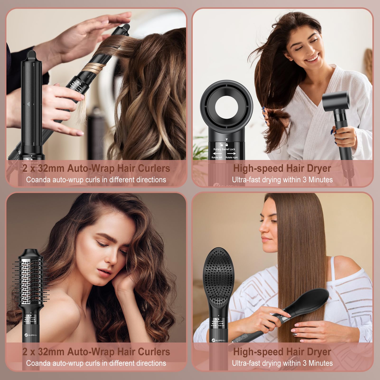 (OUTLET) Slopehill Airstyler 5 IN 1, 110,000 RPM High-Speed Ionic Haartrockner für Schnelltrocknend, Multi-Haarstyler mit Automatischer Luft-Lockenstab, Haarglätter Bürste ＆ Volumenbürste (Dunkelgrau)