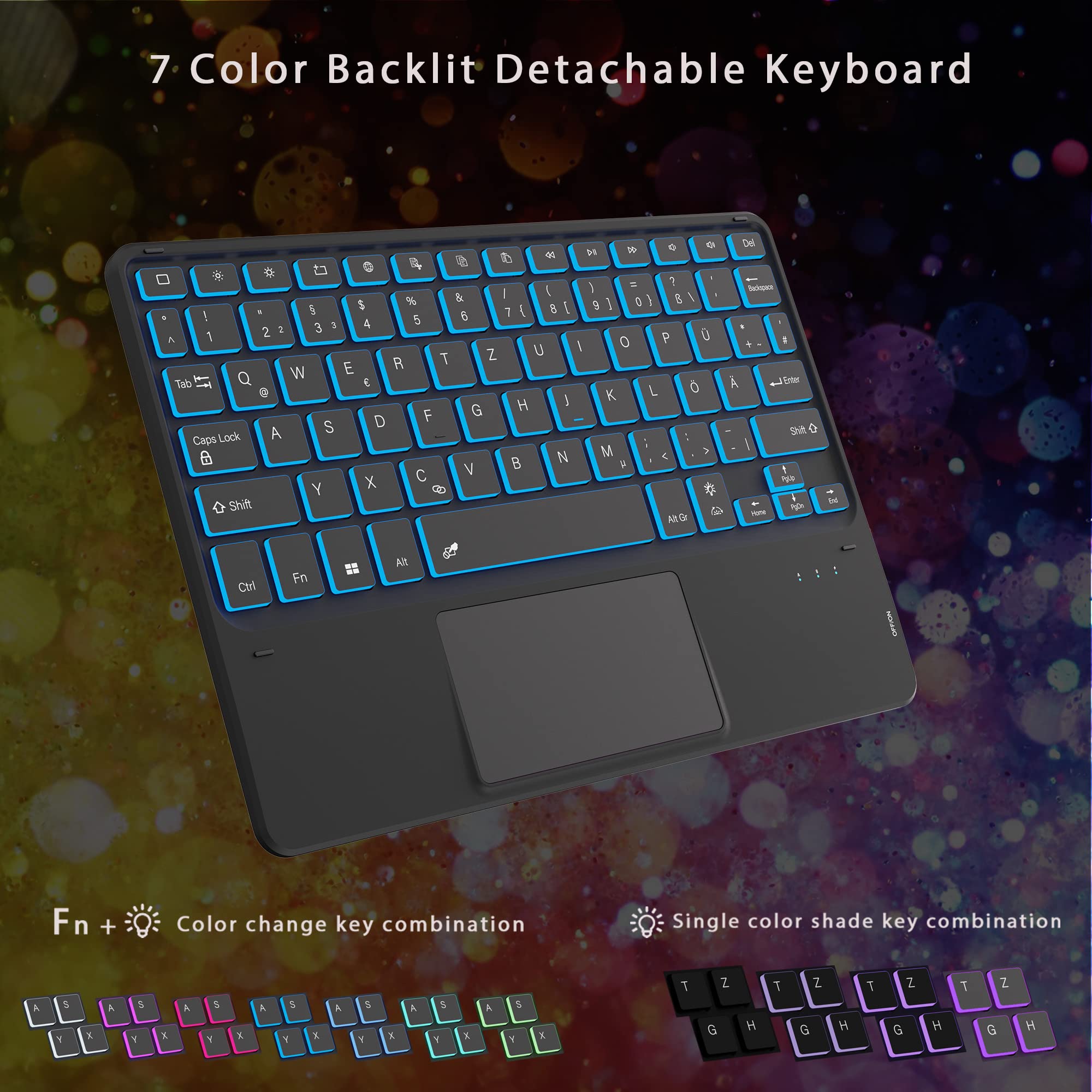 Etui na klawiaturę do Samsung Galaxy Tab S9 FE - 7 kolorowych oświetlenia touchpad tablet Cover z uchwytem na długopis - podświetlana klawiatura niemiecka QWERTZ Layout
