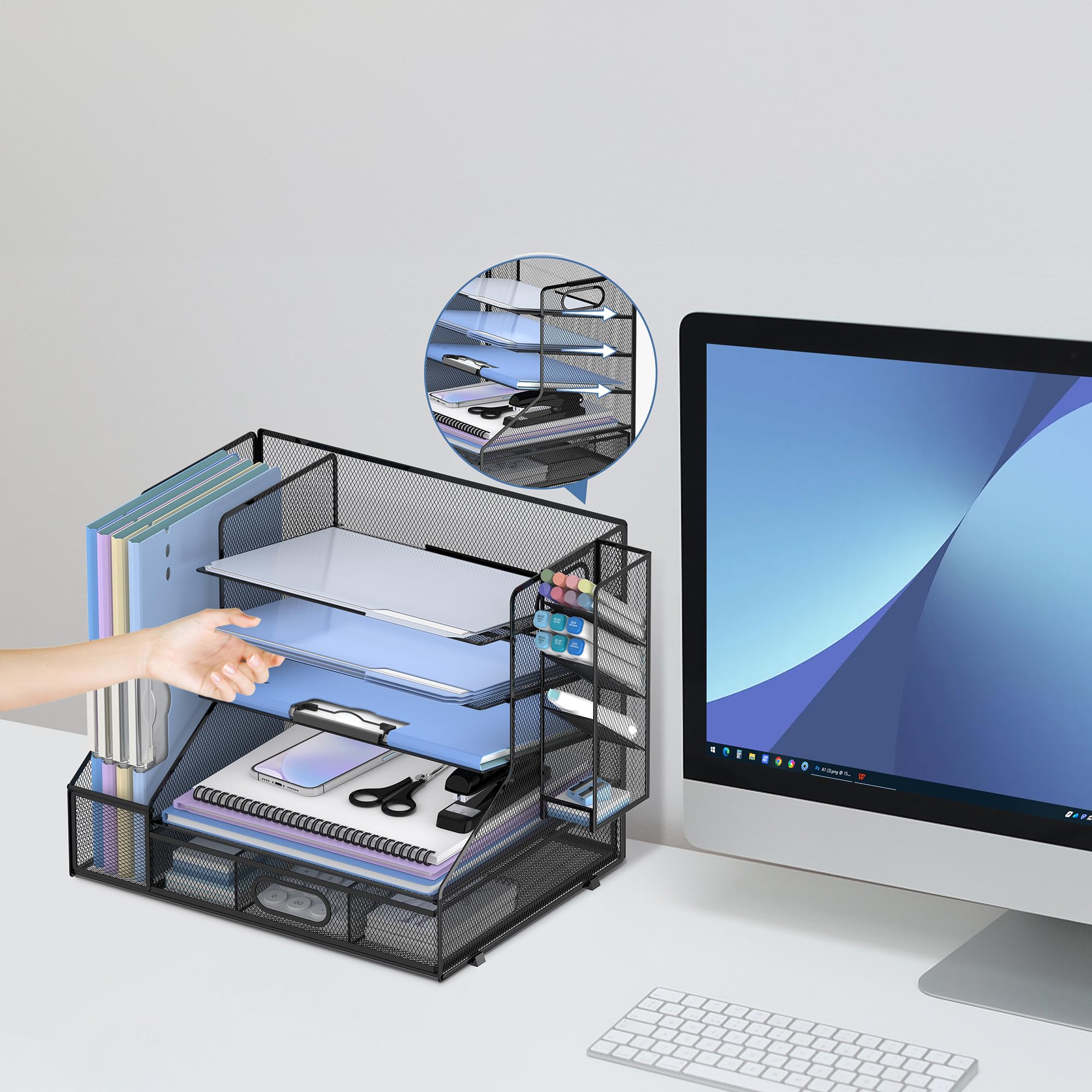 Organiseur de bureau avec porte-documents, plateau en maille à 5 niveaux, avec porte-stylo et tiroir, pour fournitures de bureau, noir