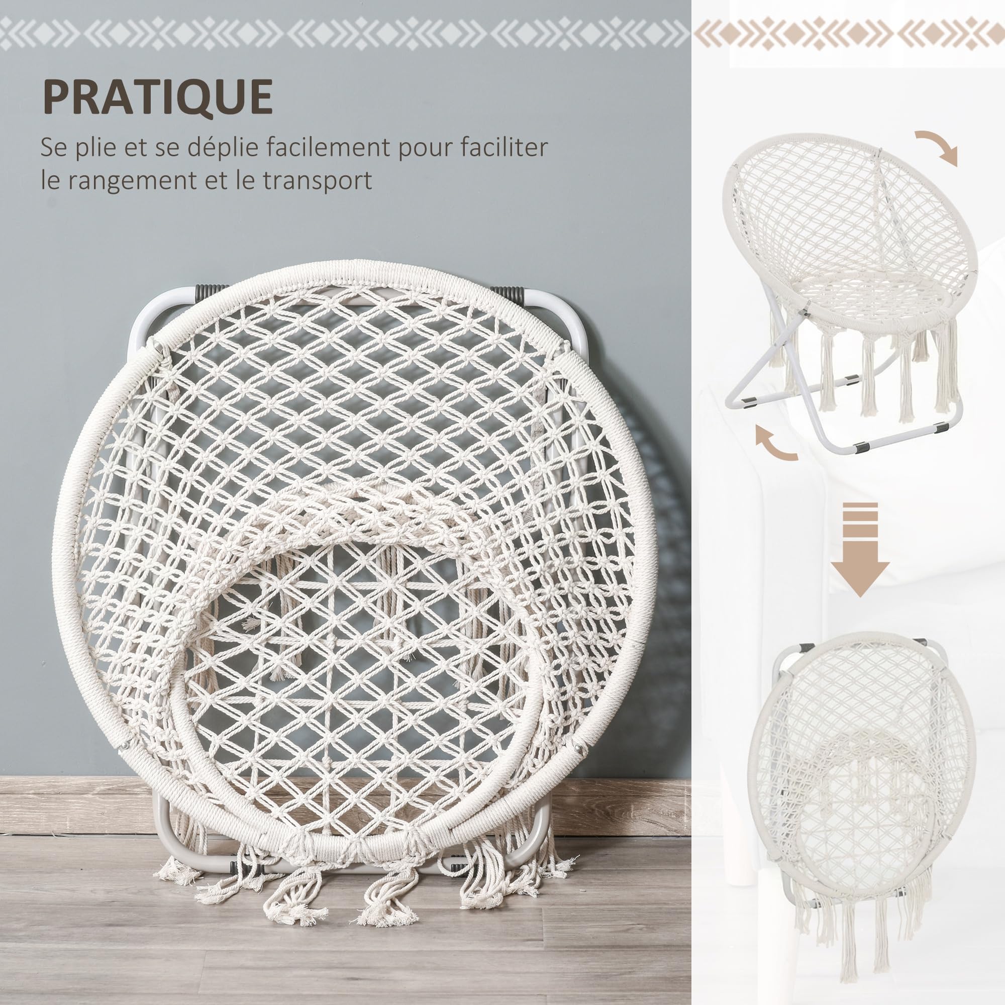 Outsunny Loveuse Fauteuil Rond de Jardin Fauteuil Lune papasan Pliable Grand Confort macramé Coton Polyester Beige
