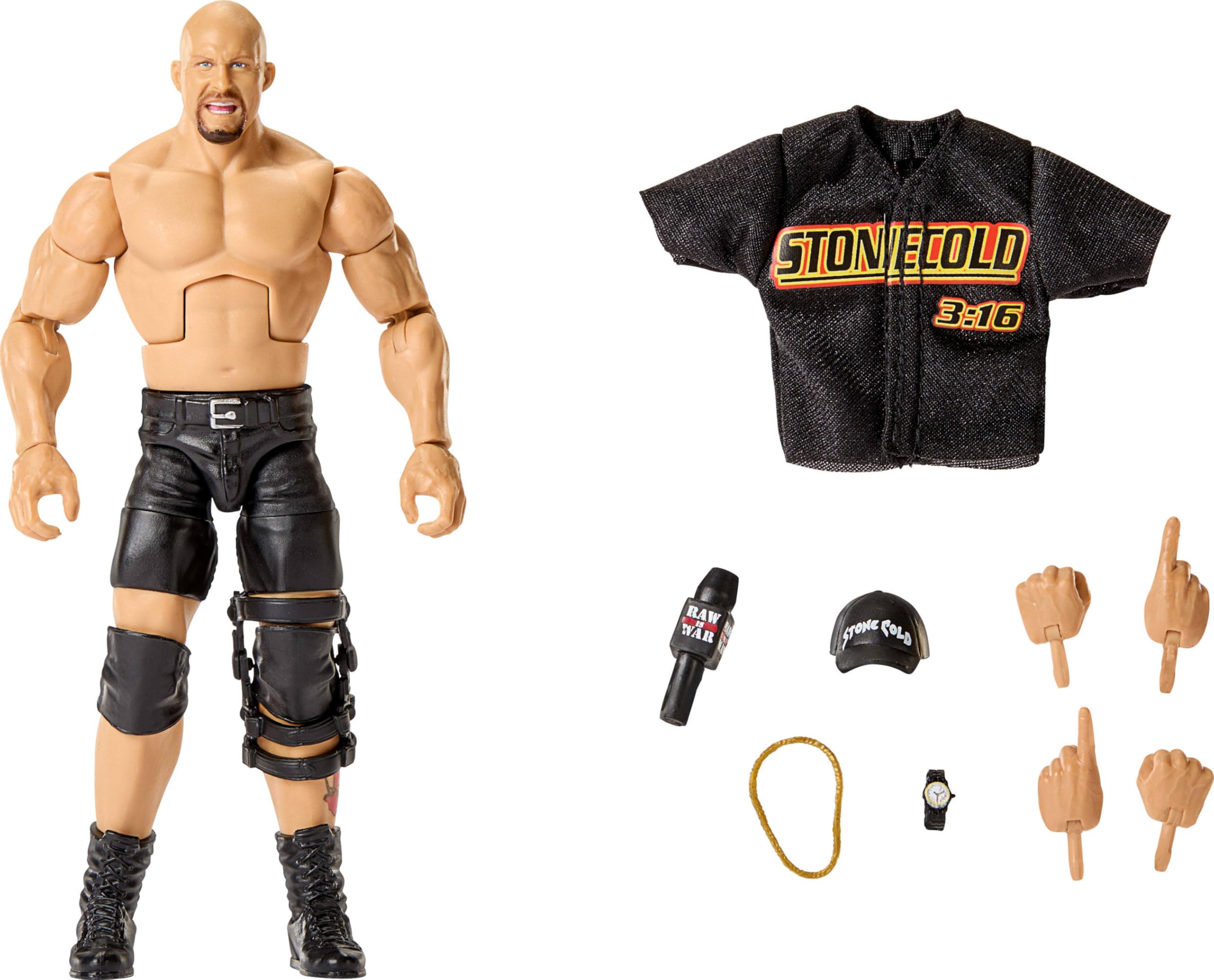 Mattel WWE Elite Action Figure & Accessories, Series #122 Set, 6-inch Collectible Stone Cold Steve Austin with 25 Articulation Points & Swappable Hands