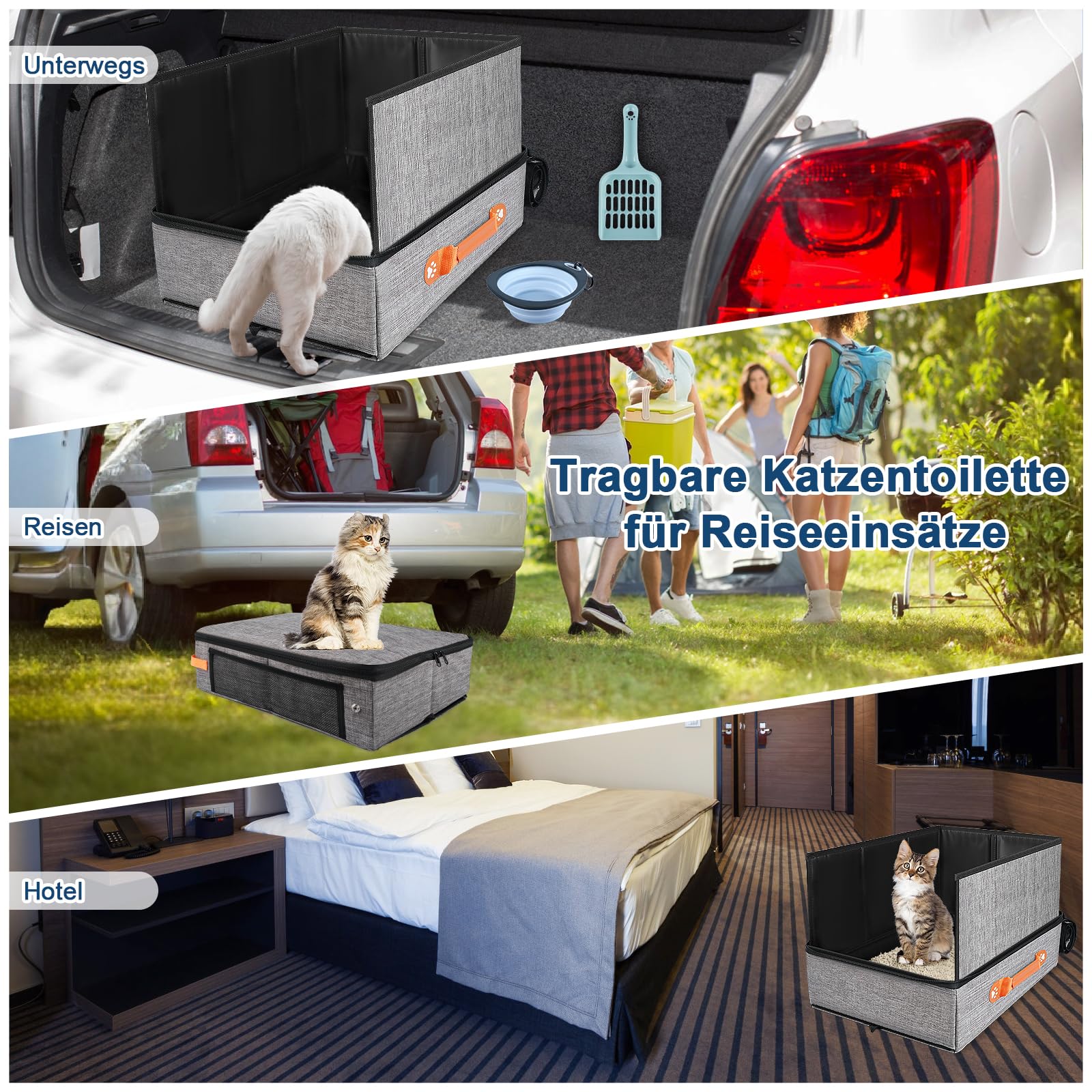 45 x 34,3 x 34,9 cm Reise Katzenklo für Unterwegs, Tragbare Katzentoilette, Einweg Katzentoilette mit Reißverschluss & Hartboden, Auslaufsicher & Wasserdicht Katzenklo Hoher Rand,Ideal für Reisen