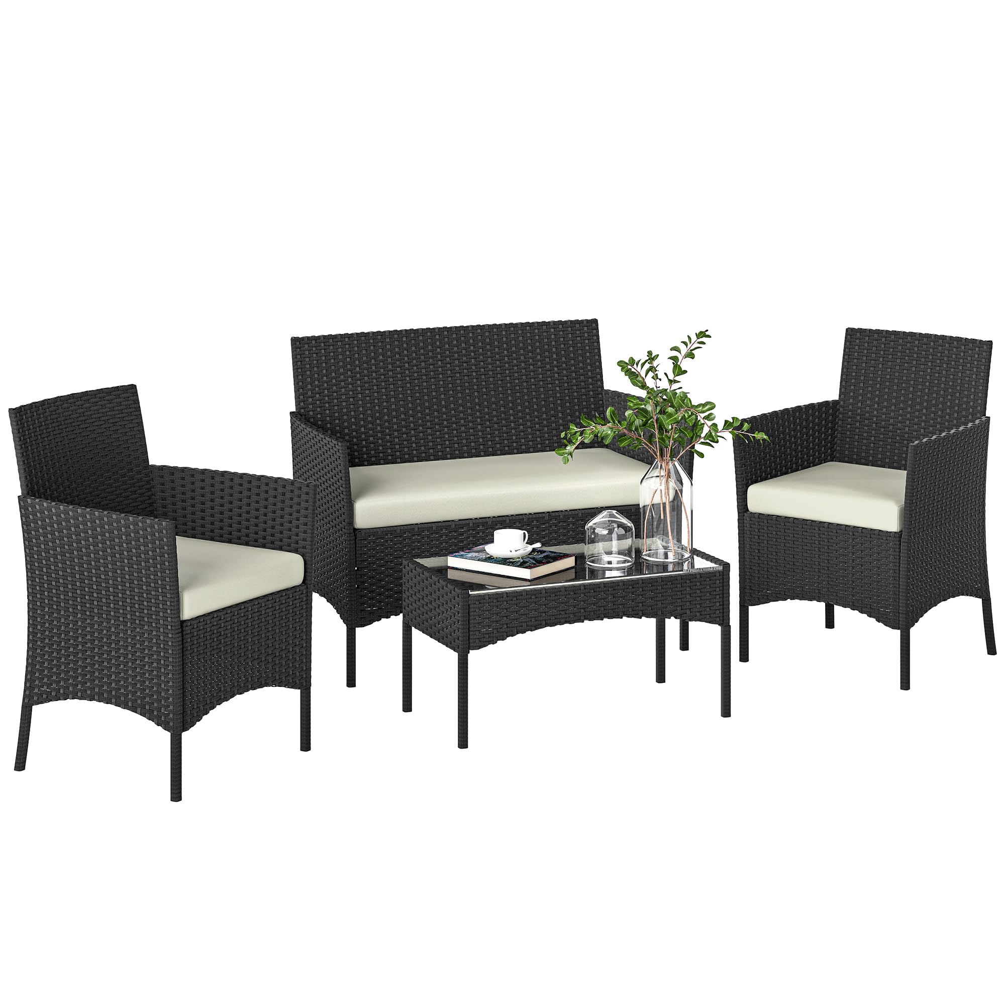 Outsunny 4 Seater Rattan Garden Furniture Set, 4 Piece Garden Sofa Set with Loveseat, Armchairs, Glass-Top Coffee Table, Cushions, Wicker Outdoor Furniture for Conservatory Patio, Cream White
