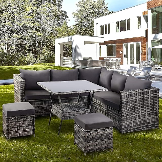 Zhanhao Rattan Garden Furniture Set, 7 Seater Corner Sofa Dining Set Wicker Outdoor Patio Sofa Set with Table and Seat Cushions, 184*184*66cm