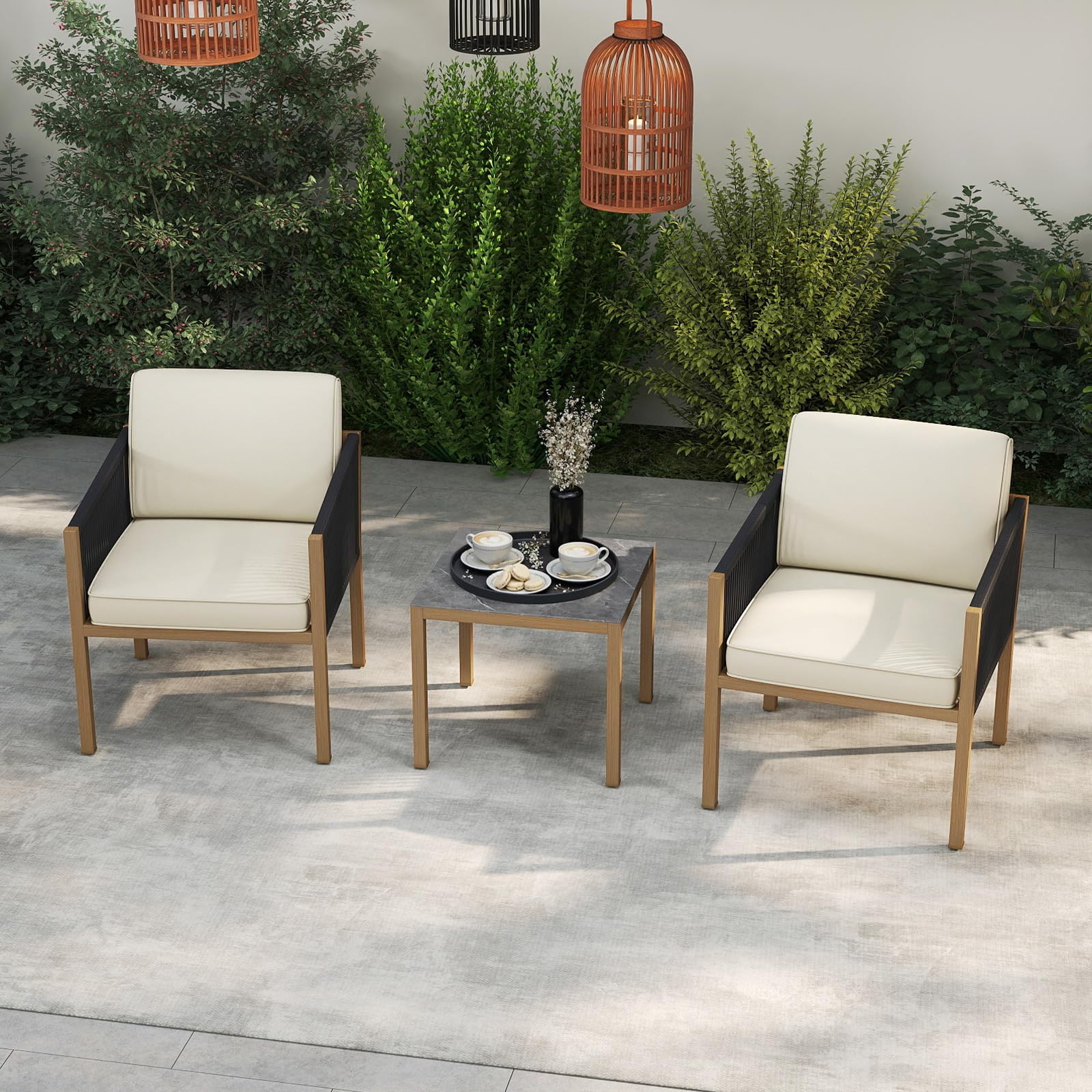 COSTWAY Set Salotto da Giardino 3 Pezzi, Set Conversazione con Tavolo e 2 Sedie, Corde Intrecciate e Cuscini, Struttura in Metallo Resistente, Tavolo e Sedie per Patio, Balcone, Terrazza e Giardino