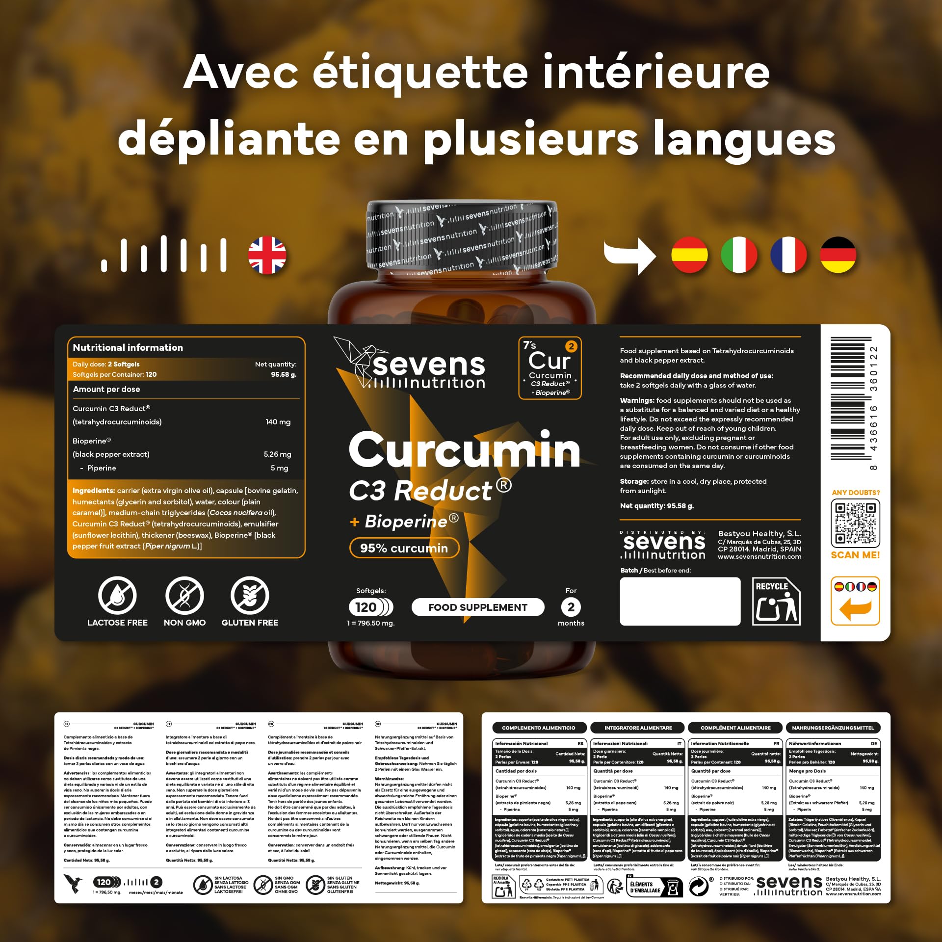Curcumine C3 Reduct® avec BioPerine 95% – Curcuma Premium avec Huile d’Olive et MCT – 120 Softgels – Puissant Anti Inflammatoire Antioxydant Naturel Haute Absorption – Sevens